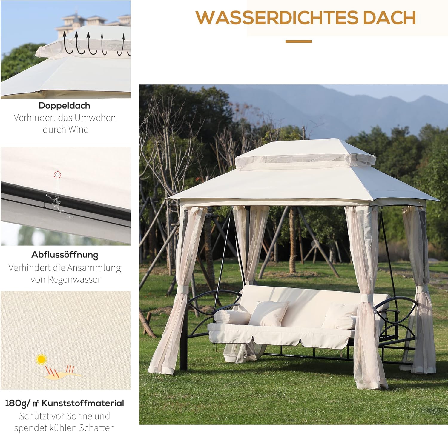 Outsunny Hollywoodschaukel Gartenschaukel Schaukel mit Seitenwänden 3-Sitzer Beige 256 x 172 x 248 cm — Ansicht 6
