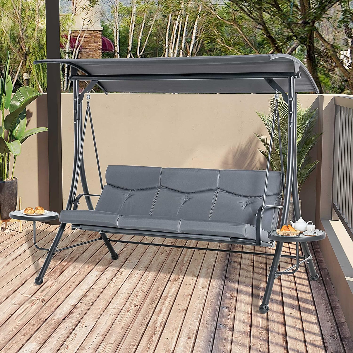 Outsunny Hollywoodschaukel mit Couchtische, 3-Sitzer Gartenschaukel mit verstellbarem Sonnendach, Schaukelbank belast bis 300kg, für Garten, Terrasse, 271 x 125 x 172 cm, Grau — Ansicht 2