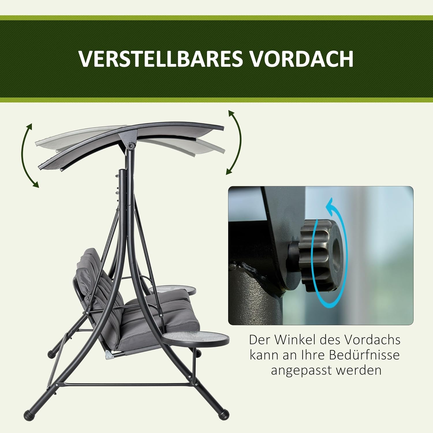 Outsunny Hollywoodschaukel mit Couchtische, 3-Sitzer Gartenschaukel mit verstellbarem Sonnendach, Schaukelbank belast bis 300kg, für Garten, Terrasse, 271 x 125 x 172 cm, Grau — Ansicht 3