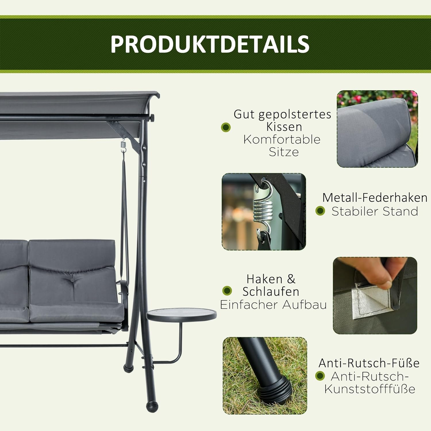 Outsunny Hollywoodschaukel mit Couchtische, 3-Sitzer Gartenschaukel mit verstellbarem Sonnendach, Schaukelbank belast bis 300kg, für Garten, Terrasse, 271 x 125 x 172 cm, Grau — Ansicht 5