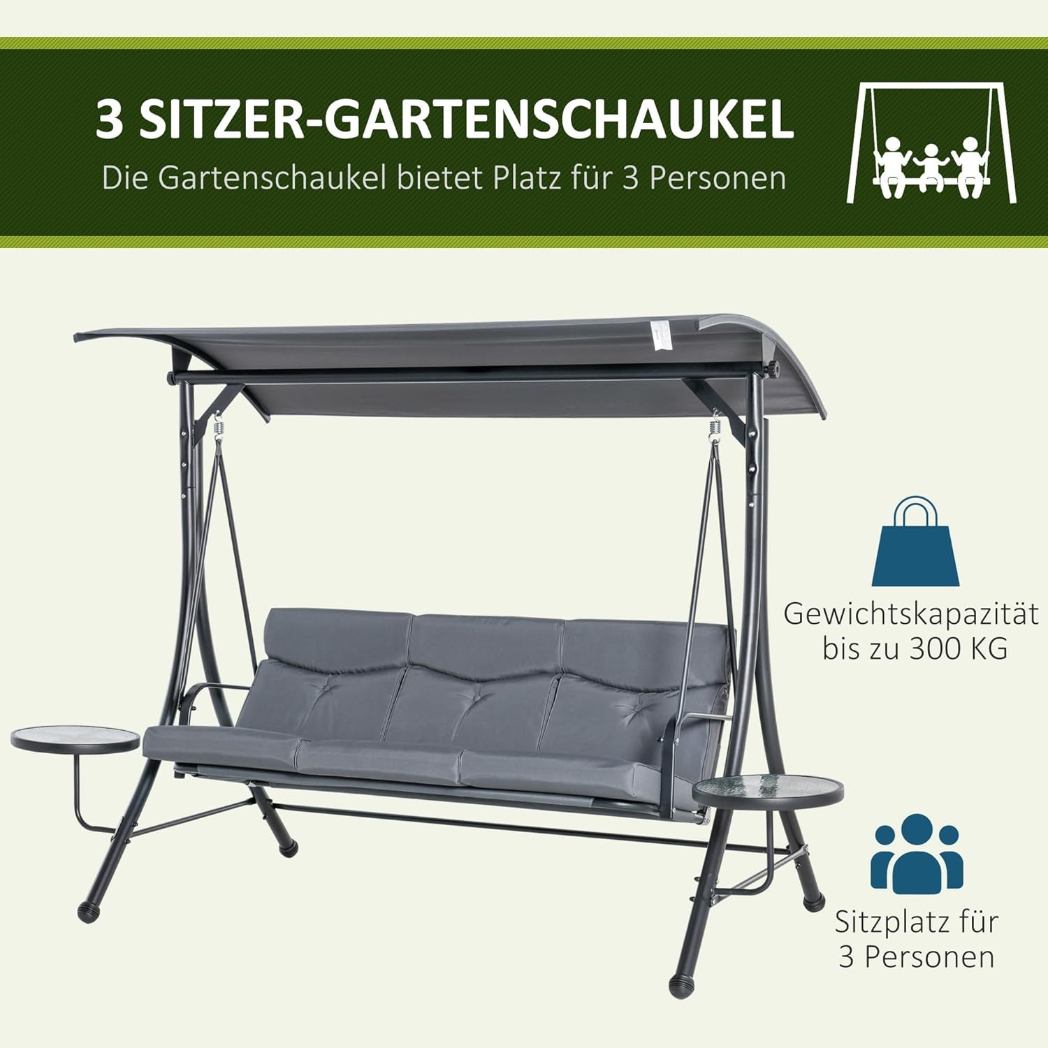 Outsunny Hollywoodschaukel mit Couchtische, 3-Sitzer Gartenschaukel mit verstellbarem Sonnendach, Schaukelbank belast bis 300kg, für Garten, Terrasse, 271 x 125 x 172 cm, Grau — Ansicht 6
