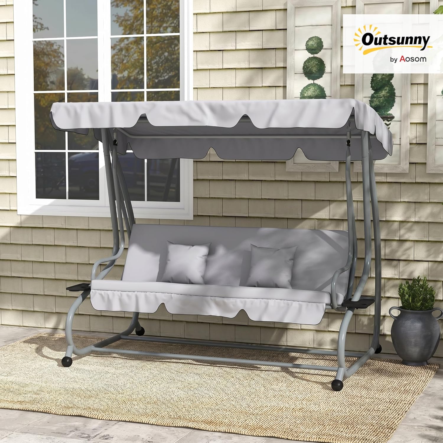 Outsunny Hollywoodschaukel mit Liegefunktion, 3-Sitzer Gartenschaukel mit Verstellbarem Dach, Seitenklapptisch, wasserabweisender Schaukelbank belastbar bis 340kg, für Garten, 200x120x164cm, Hellgrau — Ansicht 2