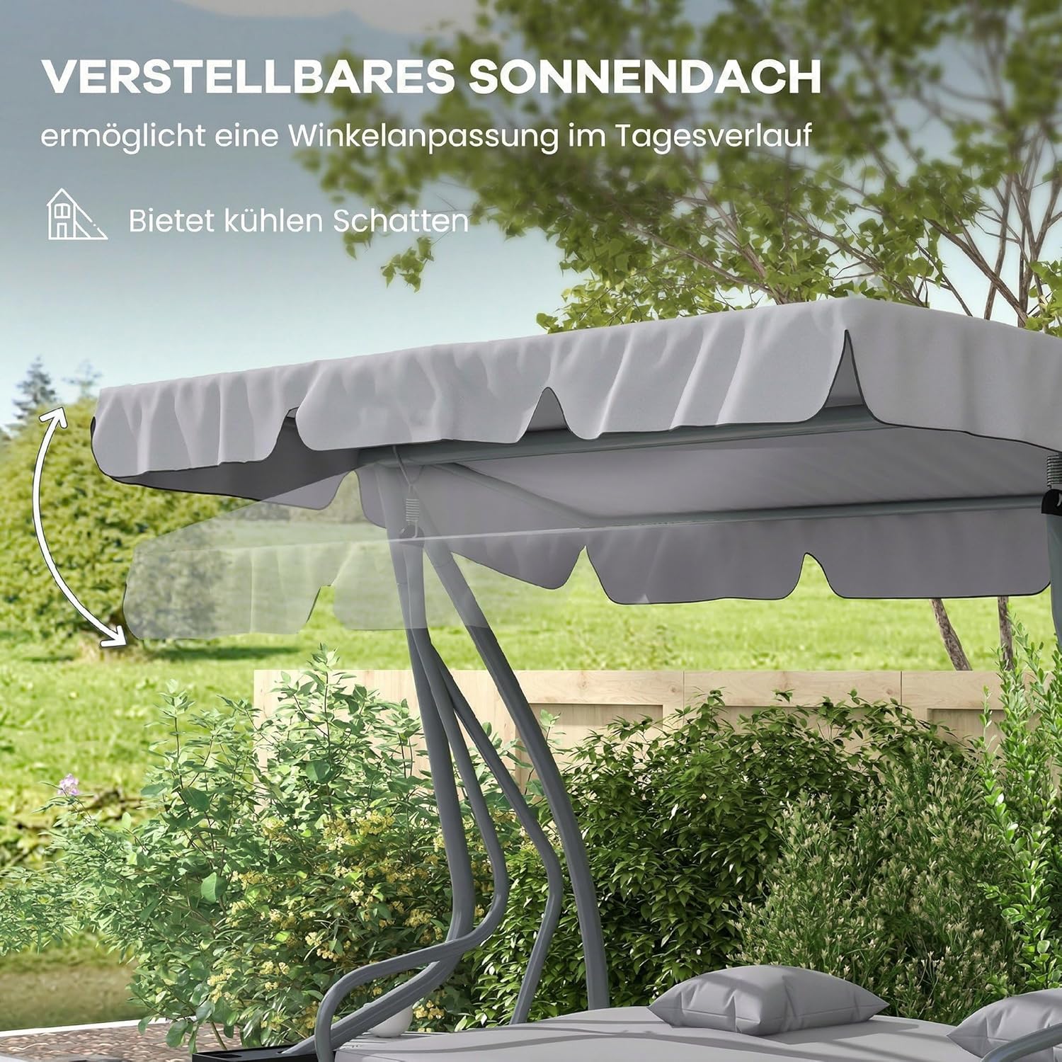 Outsunny Hollywoodschaukel mit Liegefunktion, 3-Sitzer Gartenschaukel mit Verstellbarem Dach, Seitenklapptisch, wasserabweisender Schaukelbank belastbar bis 340kg, für Garten, 200x120x164cm, Hellgrau — Ansicht 4