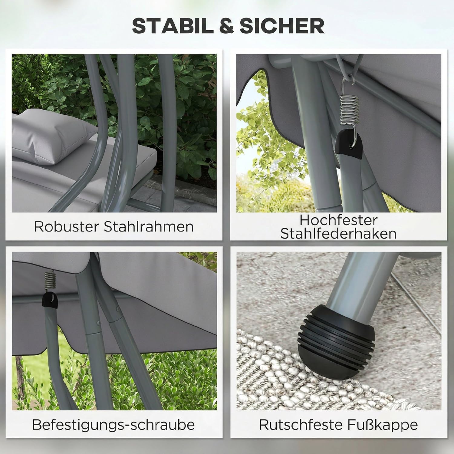 Outsunny Hollywoodschaukel mit Liegefunktion, 3-Sitzer Gartenschaukel mit Verstellbarem Dach, Seitenklapptisch, wasserabweisender Schaukelbank belastbar bis 340kg, für Garten, 200x120x164cm, Hellgrau — Ansicht 5