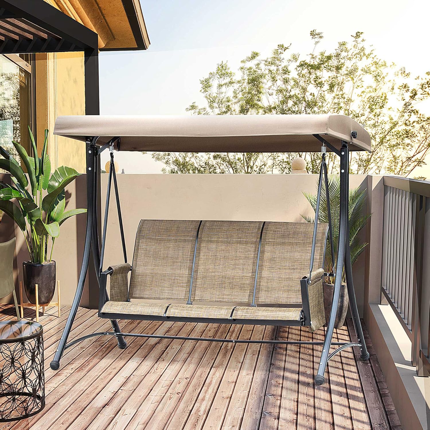 Outsunny Hollywoodschaukel mit Seitentasche, 3-Sitzer Gartenschaukel mit verstellbarem Sonnendach, Schaukelbank belast bis 300kg, für Garten, Terrasse, 196 x 128 x 172 cm, Braun — Ansicht 2