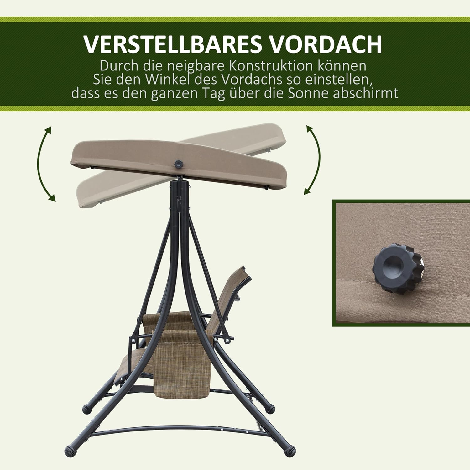 Outsunny Hollywoodschaukel mit Seitentasche, 3-Sitzer Gartenschaukel mit verstellbarem Sonnendach, Schaukelbank belast bis 300kg, für Garten, Terrasse, 196 x 128 x 172 cm, Braun — Ansicht 3