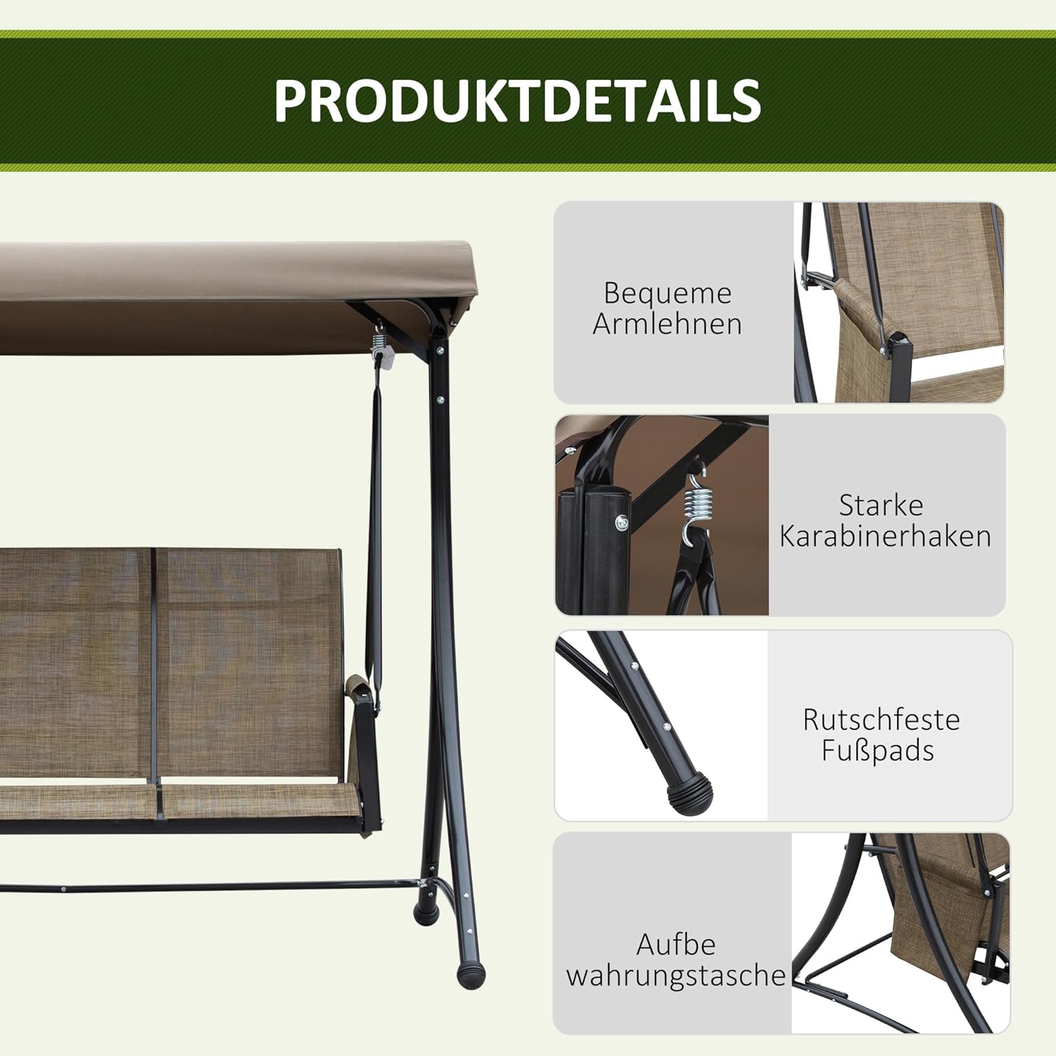 Outsunny Hollywoodschaukel mit Seitentasche, 3-Sitzer Gartenschaukel mit verstellbarem Sonnendach, Schaukelbank belast bis 300kg, für Garten, Terrasse, 196 x 128 x 172 cm, Braun — Ansicht 5