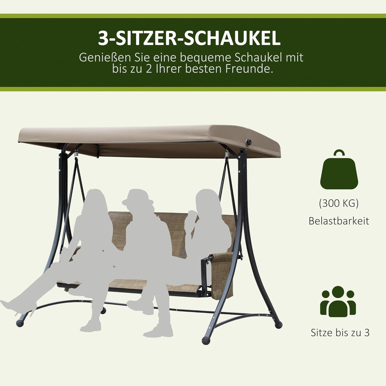 Outsunny Hollywoodschaukel mit Seitentasche, 3-Sitzer Gartenschaukel mit verstellbarem Sonnendach, Schaukelbank belast bis 300kg, für Garten, Terrasse, 196 x 128 x 172 cm, Braun — Ansicht 6