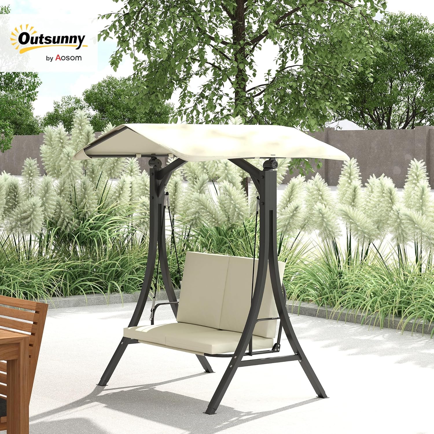 Outsunny Hollywoodschaukel mit verstellbarem Sonnendach Sitzauflage, 2-Sitzer Gartenschaukel belastbar bis 220kg, UV 30+ Schaukelbank für Garten, Terrasse, 150x120x182cm, Cremeweiß — Ansicht 2