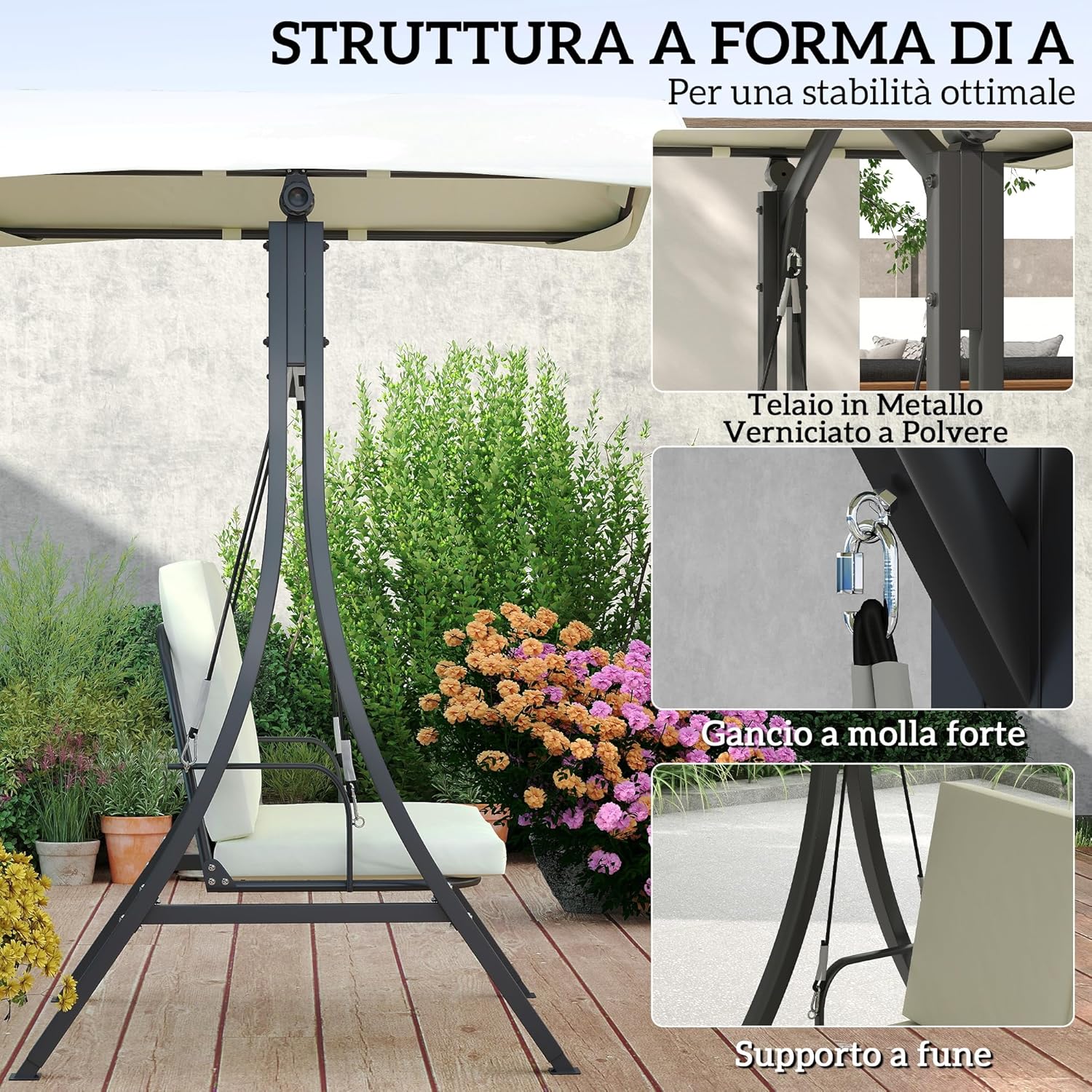 Outsunny Hollywoodschaukel mit verstellbarem Sonnendach Sitzauflage, 2-Sitzer Gartenschaukel belastbar bis 220kg, UV 30+ Schaukelbank für Garten, Terrasse, 150x120x182cm, Cremeweiß — Ansicht 5