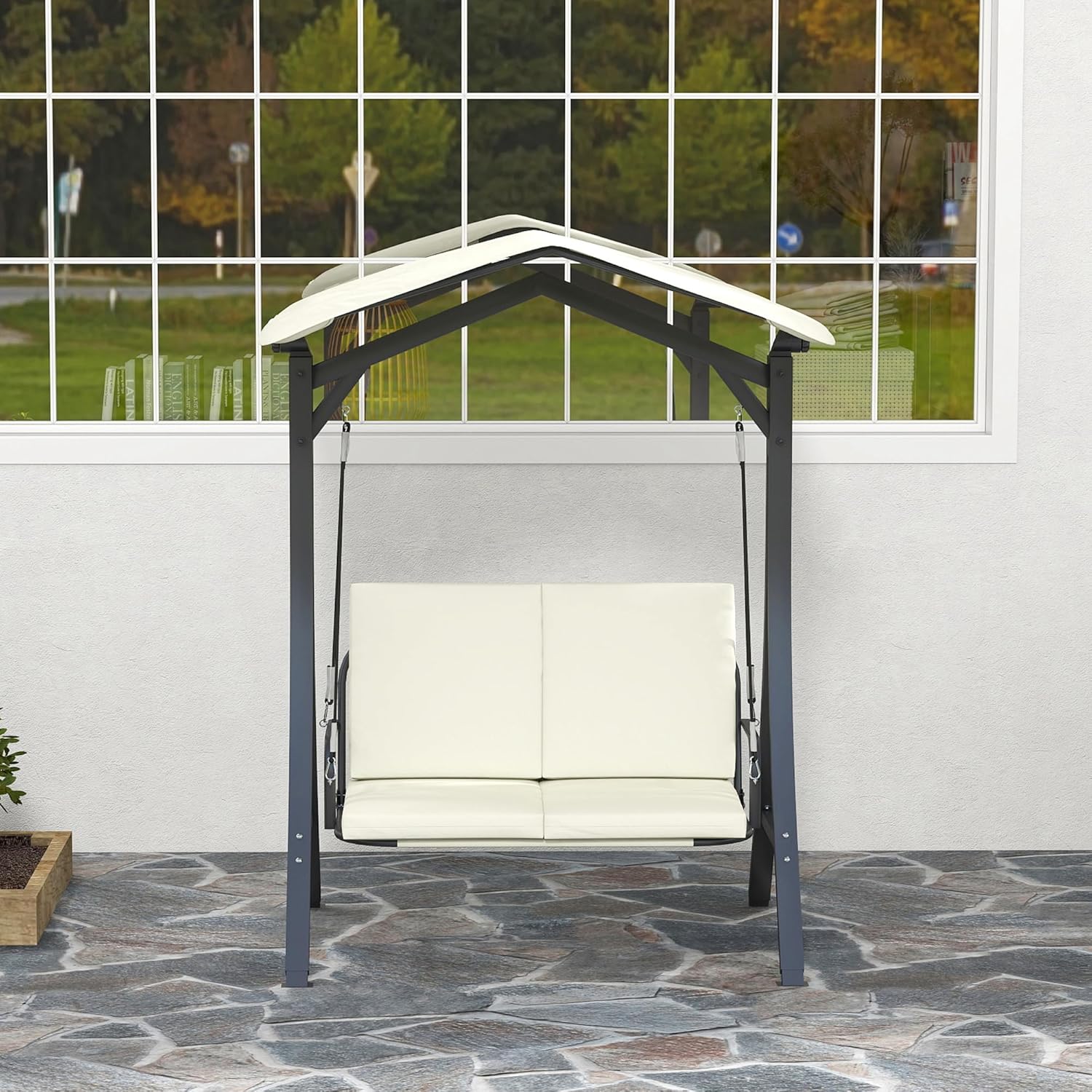 Outsunny Hollywoodschaukel mit verstellbarem Sonnendach Sitzauflage, 2-Sitzer Gartenschaukel belastbar bis 220kg, UV 30+ Schaukelbank für Garten, Terrasse, 150x120x182cm, Cremeweiß — Ansicht 6