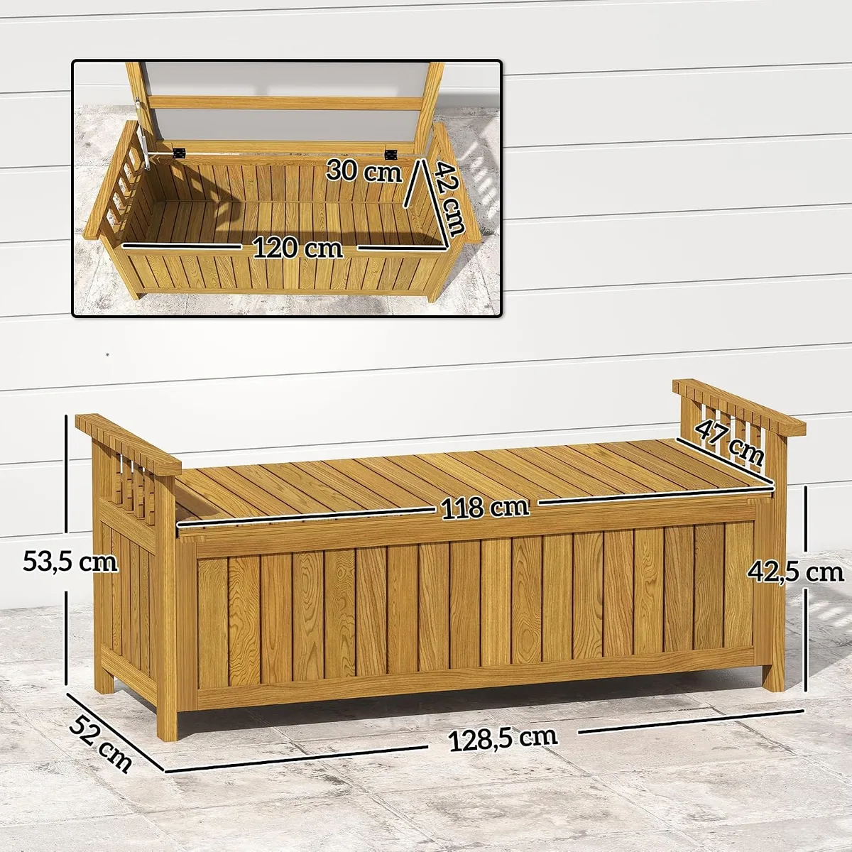 Holzgartenbank 2-Sitzer mit 186L Stauraum, Outdoor-Bank… — Ansicht 3