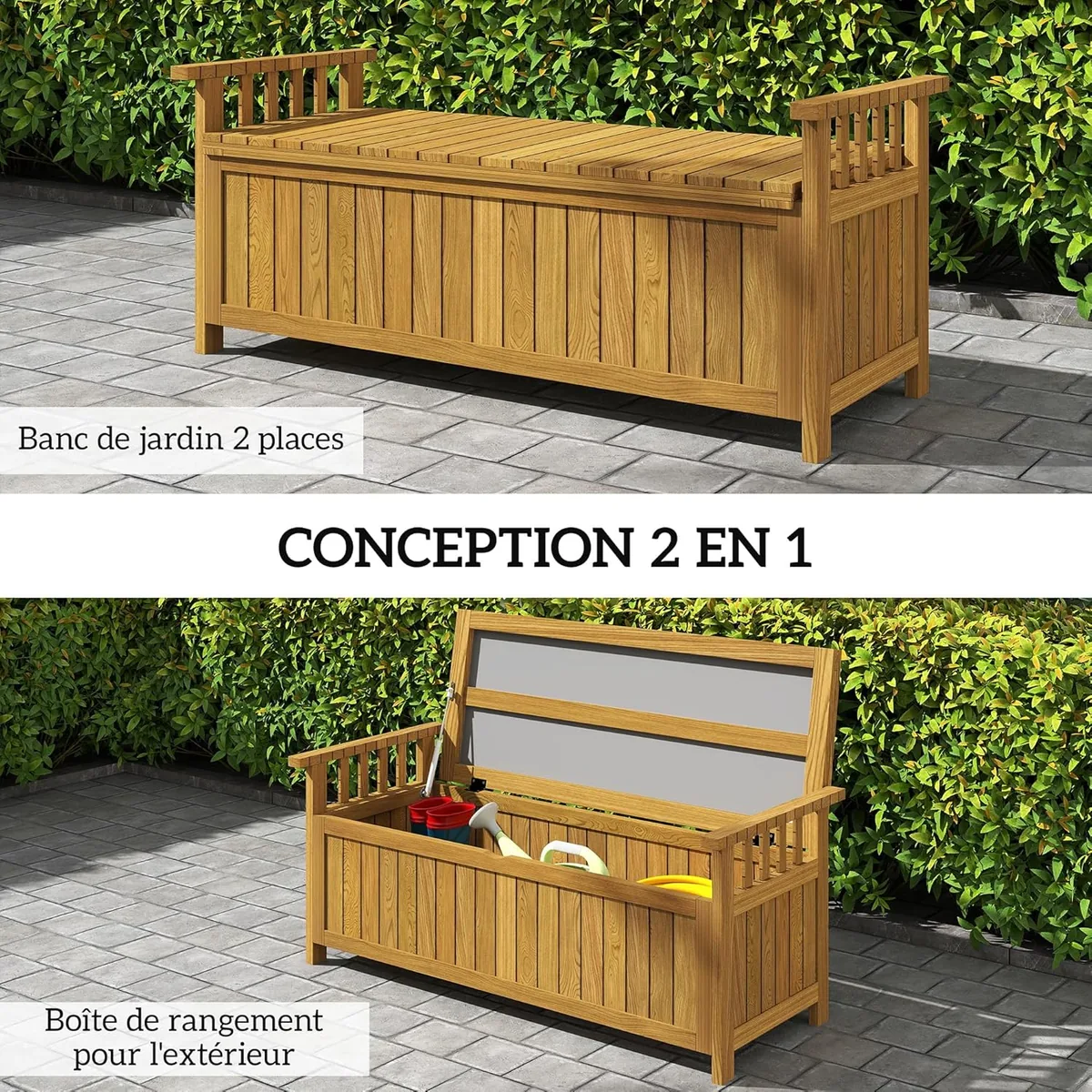Holzgartenbank 2-Sitzer mit 186L Stauraum, Outdoor-Bank… — Ansicht 4