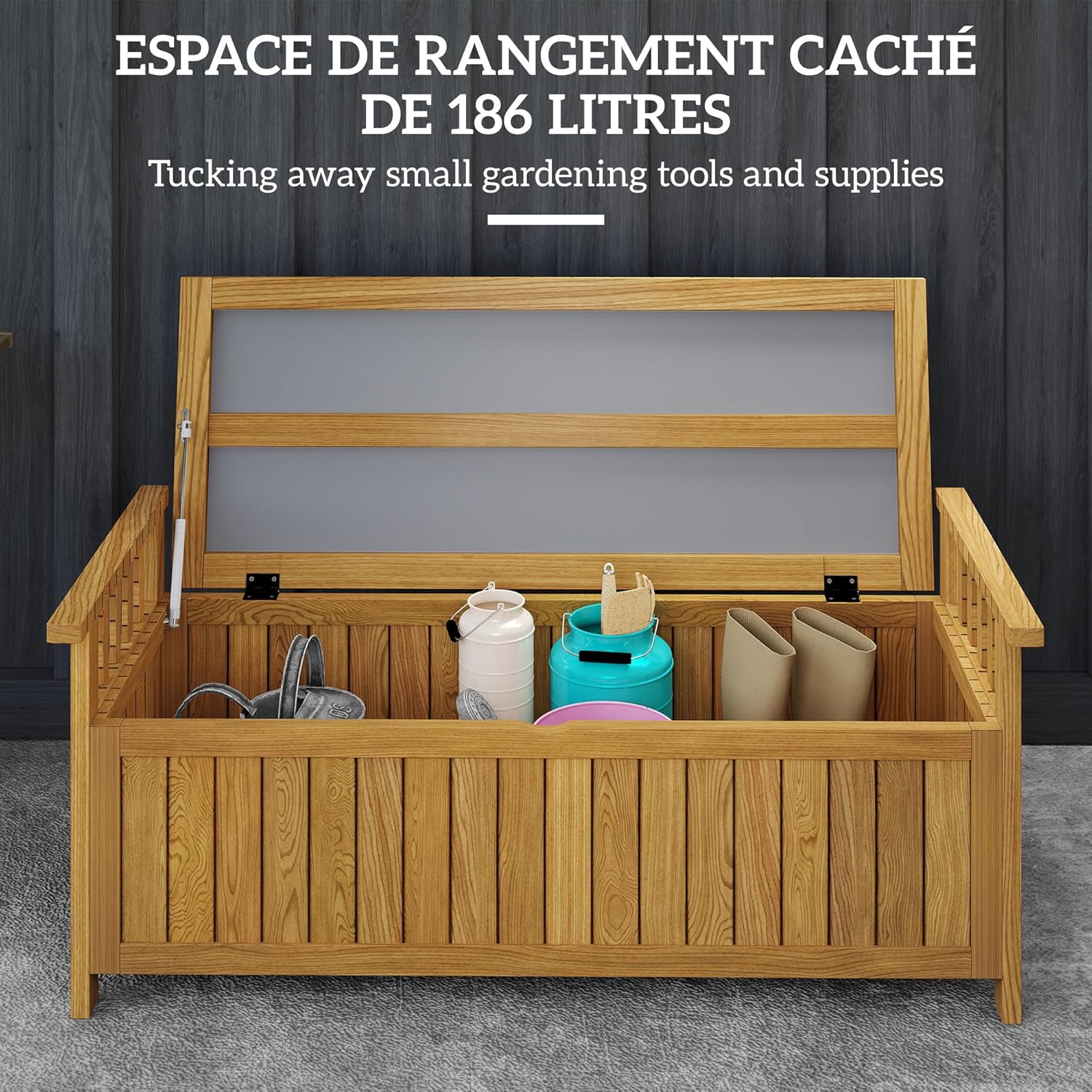 Outsunny Holzgartenbank 2-Sitzer mit 186L Stauraum, Outdoor-Bank mit Armlehnen, 240 kg belastbar, für Balkon-Garten, 128,5 x 56 x 53,5 cm braun — Ansicht 5