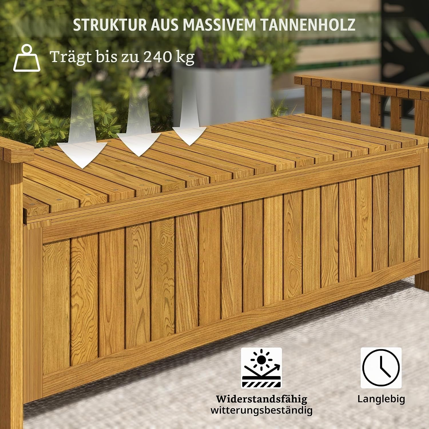 Outsunny Holzgartenbank 2-Sitzer mit 186L Stauraum, Outdoor-Bank mit Armlehnen, 240 kg belastbar, für Balkon-Garten, 128,5 x 56 x 53,5 cm braun — Ansicht 6