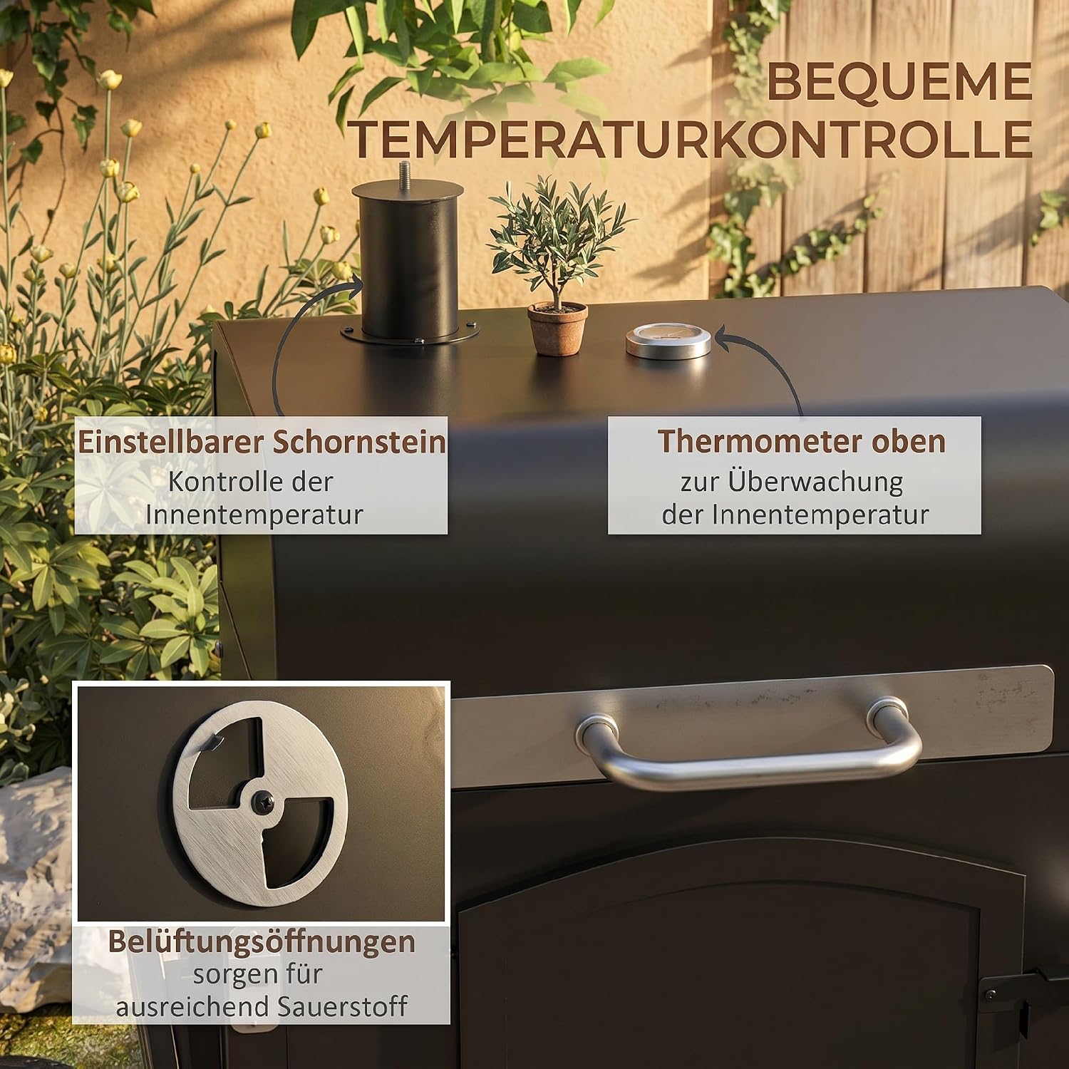 Outsunny Holzkohlegrill BBQ Gartengrill mit Deckel und Ablagen Standgrill mit Smoker Regale Warmhalteplatte Transportrollen für Gartenparty Metall 124 x 66 x 112 cm Schwarz — Ansicht 4