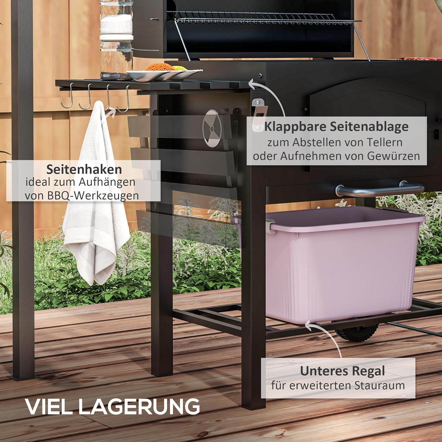 Outsunny Holzkohlegrill BBQ Gartengrill mit Deckel und Ablagen Standgrill mit Smoker Regale Warmhalteplatte Transportrollen für Gartenparty Metall 124 x 66 x 112 cm Schwarz — Ansicht 5