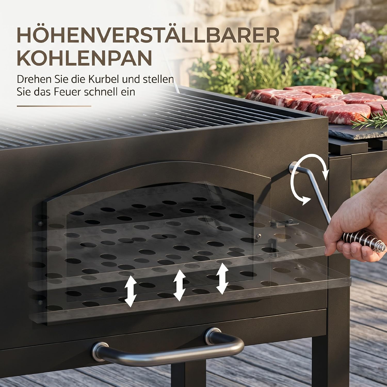 Outsunny Holzkohlegrill BBQ Gartengrill mit Deckel und Ablagen Standgrill mit Smoker Regale Warmhalteplatte Transportrollen für Gartenparty Metall 124 x 66 x 112 cm Schwarz — Ansicht 6