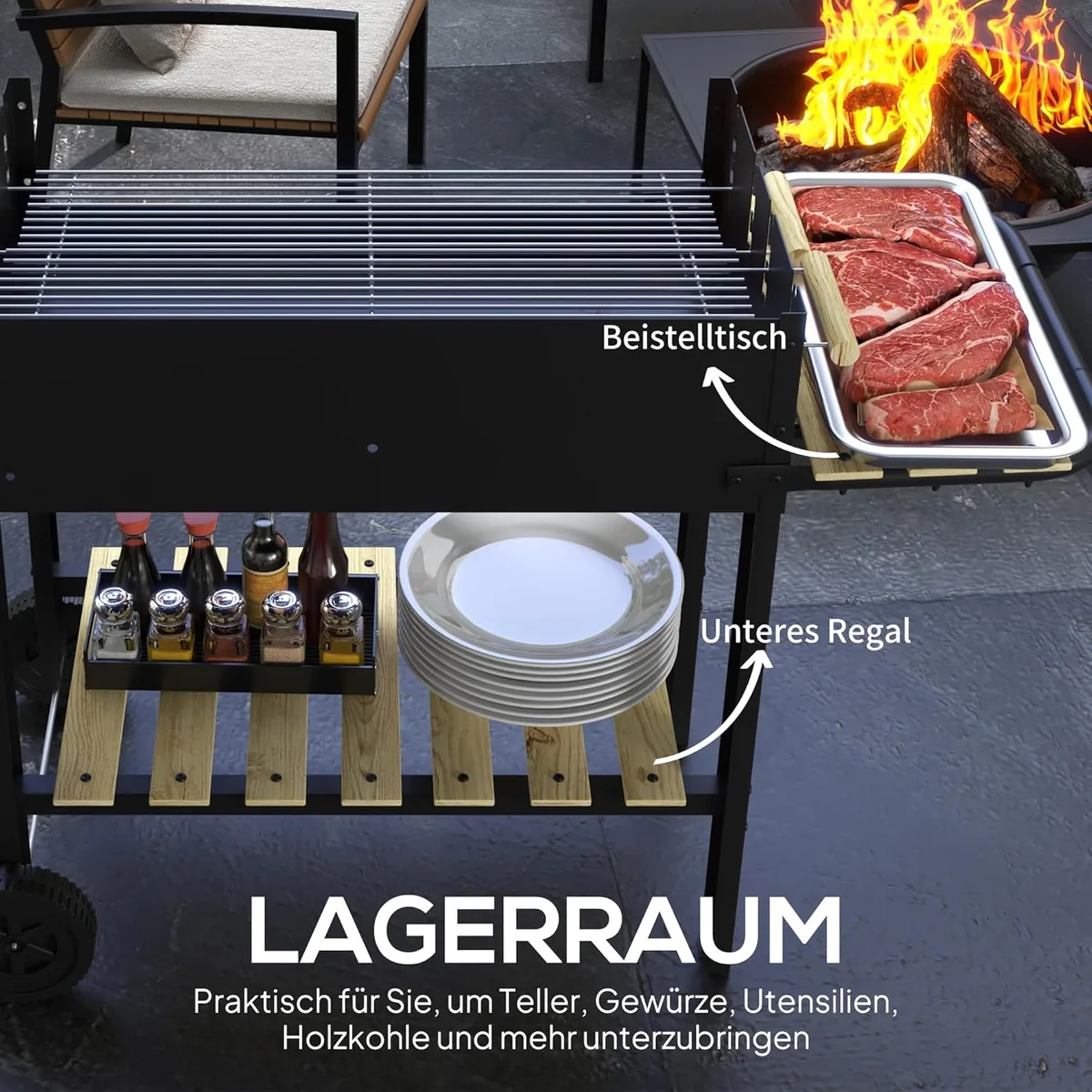 Holzkohlegrill, Gartengrill mit Ablage, zwei Grillrost… — Ansicht 4