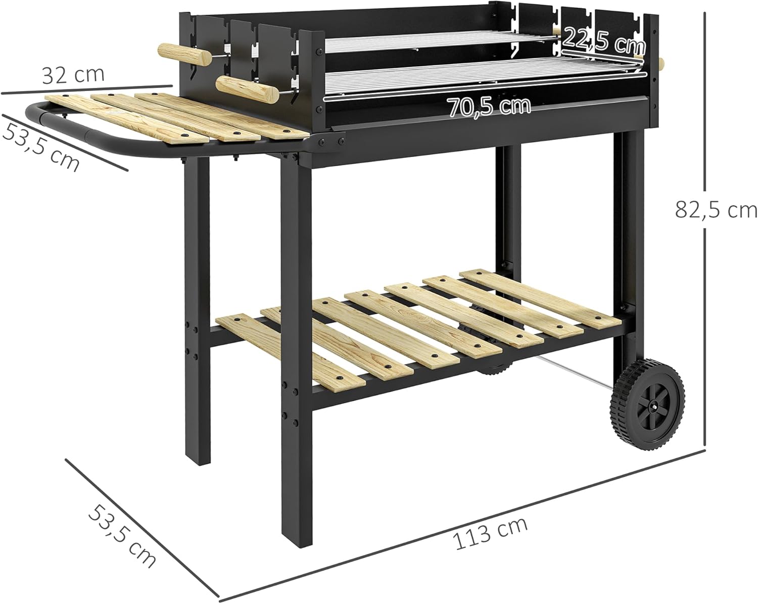 Outsunny Holzkohlegrill, Gartengrill mit Ablage, zwei Grillrost, Griff, Campinggrill aus Metall für BBQ, Schwarz, 113 x 53,5 x 82,5 cm — Ansicht 6