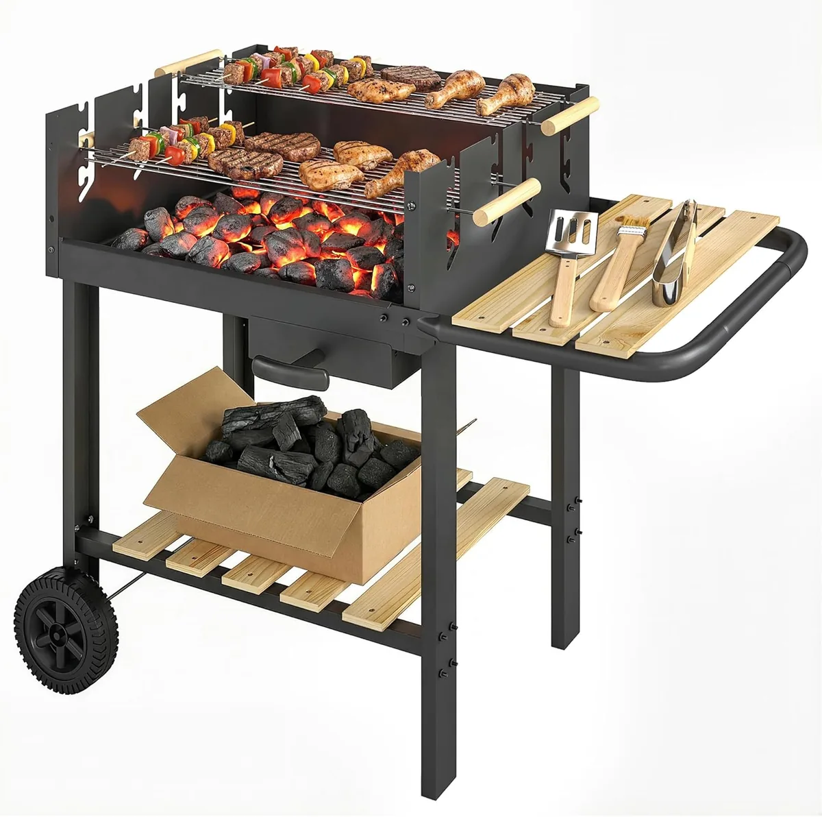 Holzkohlegrill Grillwagen mit 4-fach höhenverstellbarer…