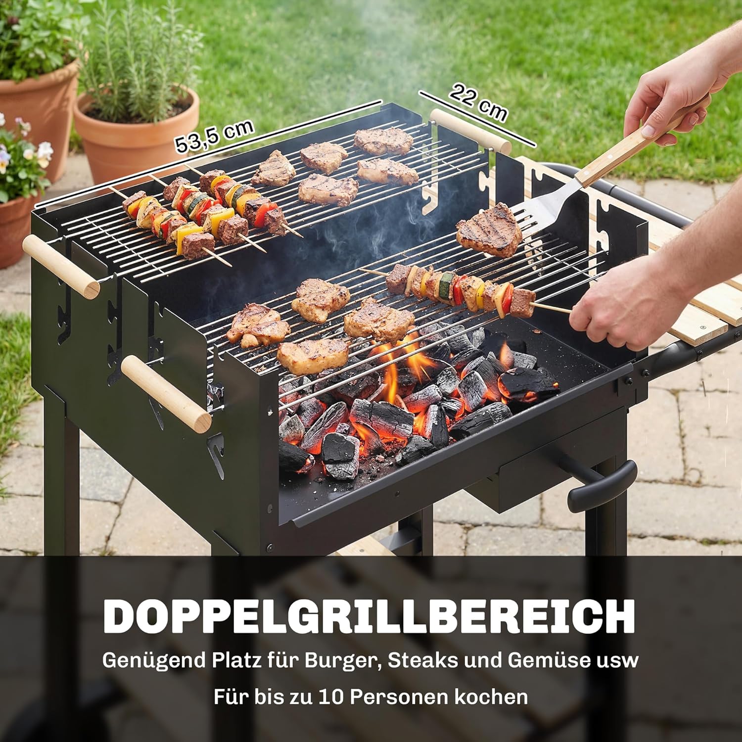 Outsunny Holzkohlegrill Grillwagen mit 4-fach höhenverstellbarer Grillrost 2 Holzablage 2 Räder Aschebehälter, fahrbar Holzkohle Grill 10 Personen für Terrasse Picknick Party 99,5 x 58 x 82 cm Schwarz — Ansicht 3