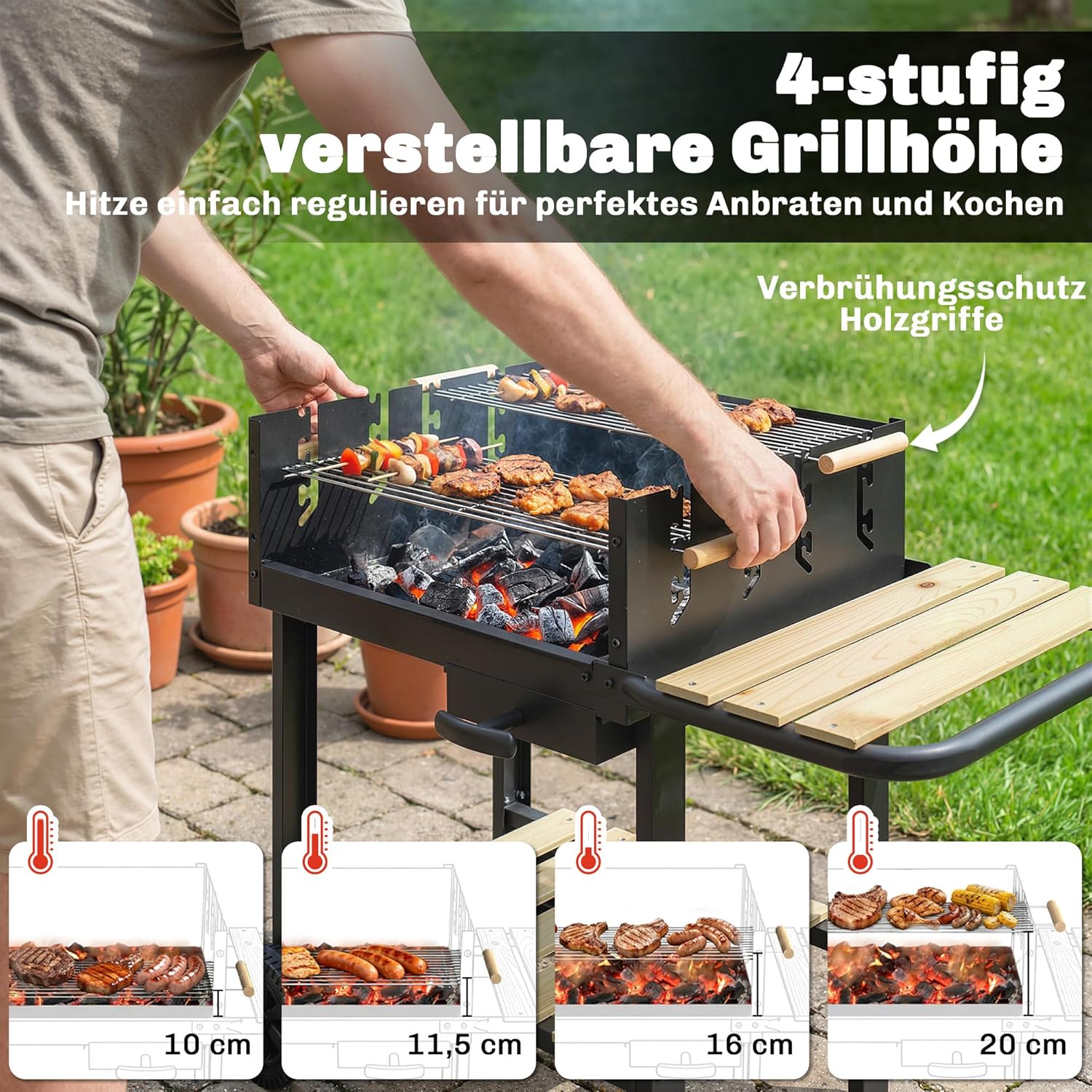 Outsunny Holzkohlegrill Grillwagen mit 4-fach höhenverstellbarer Grillrost 2 Holzablage 2 Räder Aschebehälter, fahrbar Holzkohle Grill 10 Personen für Terrasse Picknick Party 99,5 x 58 x 82 cm Schwarz — Ansicht 4