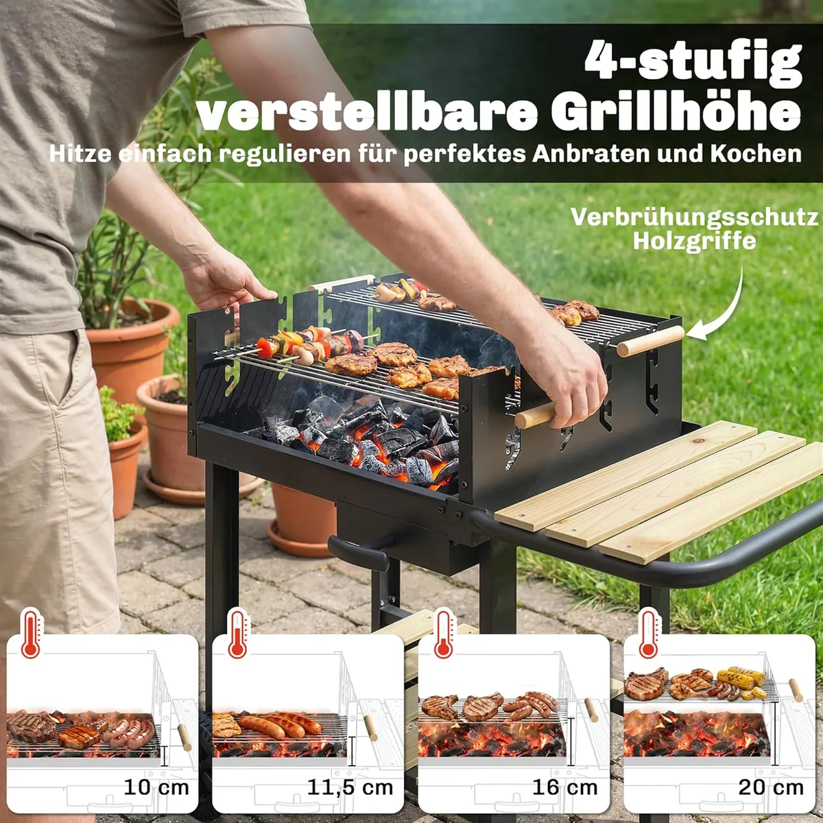 Holzkohlegrill Grillwagen mit 4-fach höhenverstellbarer… — Ansicht 4