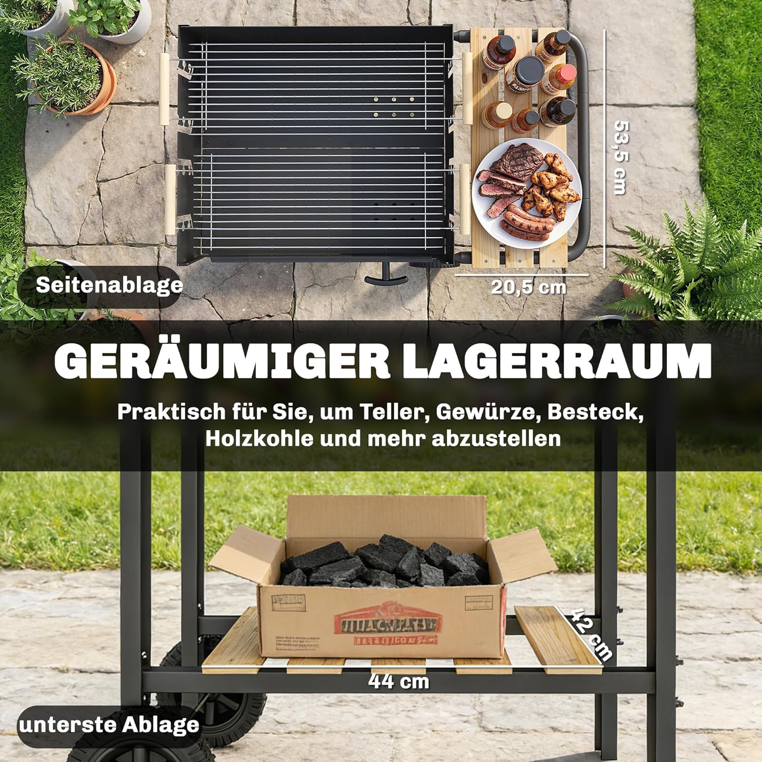 Outsunny Holzkohlegrill Grillwagen mit 4-fach höhenverstellbarer Grillrost 2 Holzablage 2 Räder Aschebehälter, fahrbar Holzkohle Grill 10 Personen für Terrasse Picknick Party 99,5 x 58 x 82 cm Schwarz — Ansicht 5