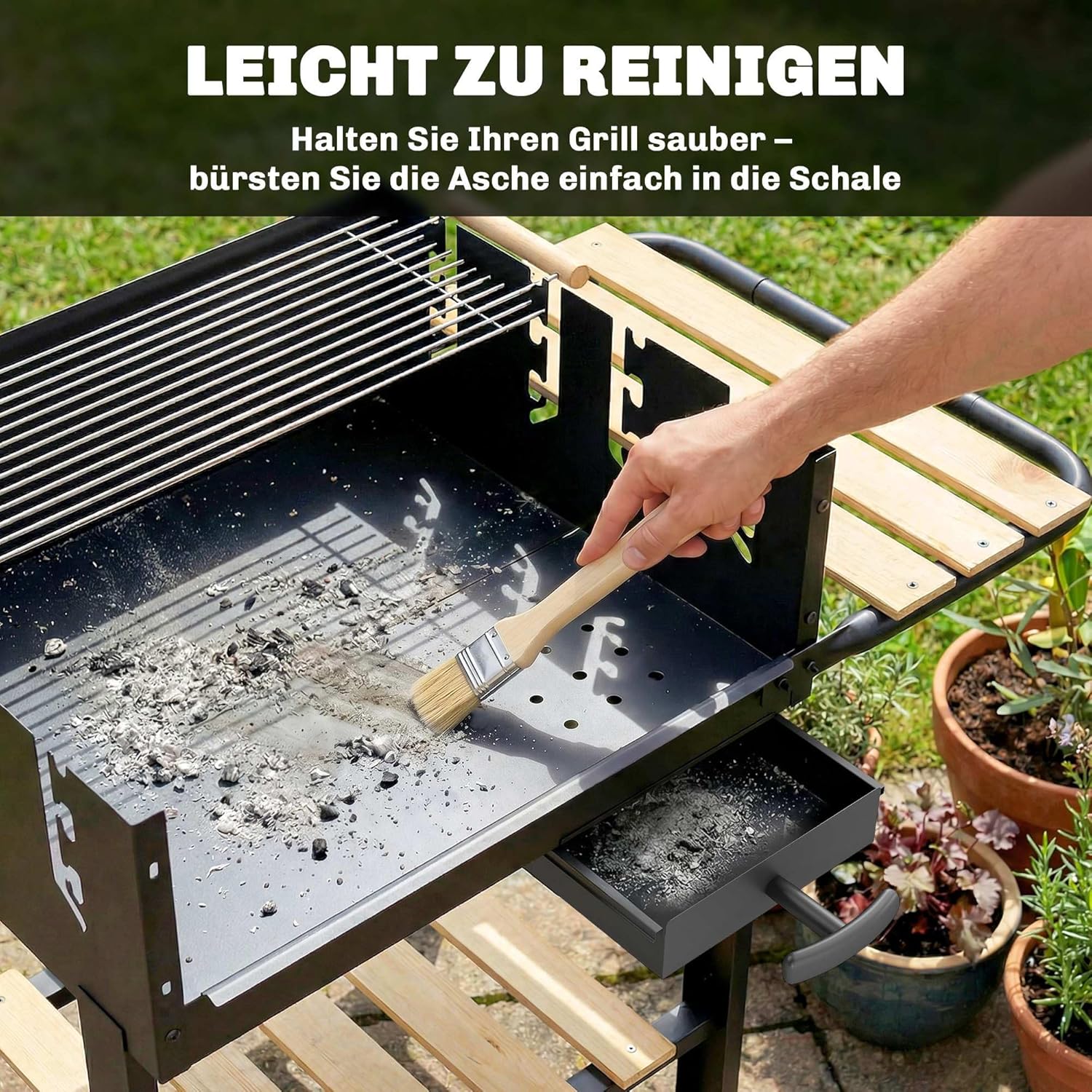 Outsunny Holzkohlegrill Grillwagen mit 4-fach höhenverstellbarer Grillrost 2 Holzablage 2 Räder Aschebehälter, fahrbar Holzkohle Grill 10 Personen für Terrasse Picknick Party 99,5 x 58 x 82 cm Schwarz — Ansicht 6