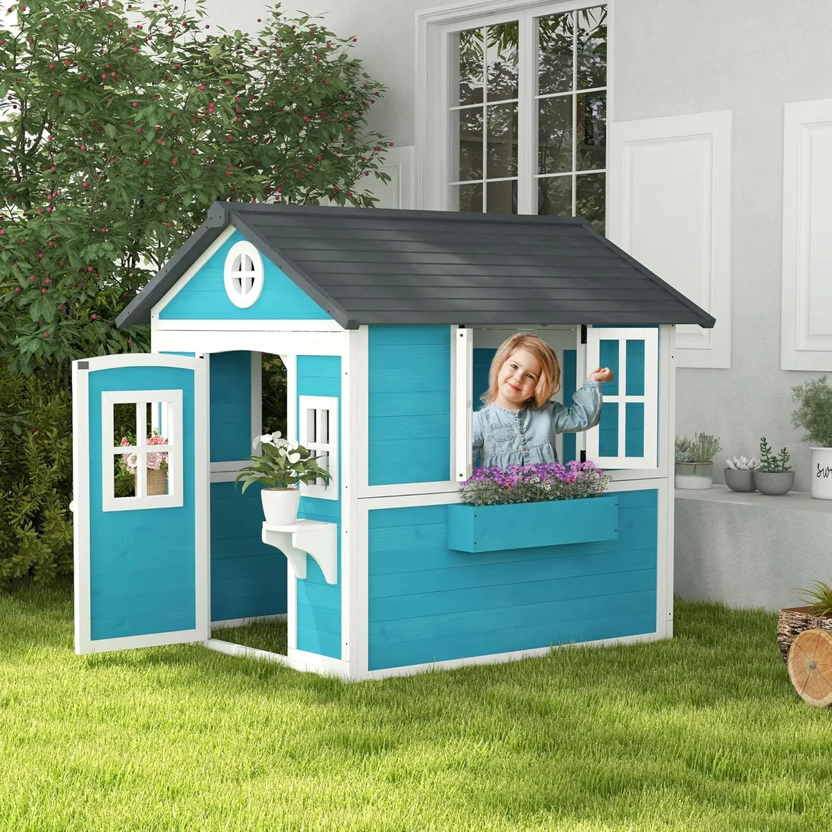 Kinderspielhaus aus Holz Spielhaus Outdoor mit Fenster… — Ansicht 2
