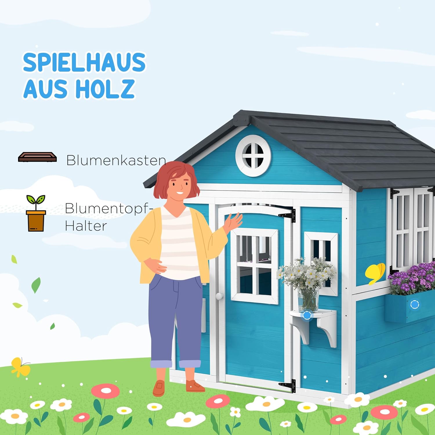 Outsunny Kinderspielhaus aus Holz Spielhaus Outdoor mit Fenster, Blumenregal, Pflanzenkasten und Tür Gartenhaus für Kinder 3-8 Jahre Blau — Ansicht 3