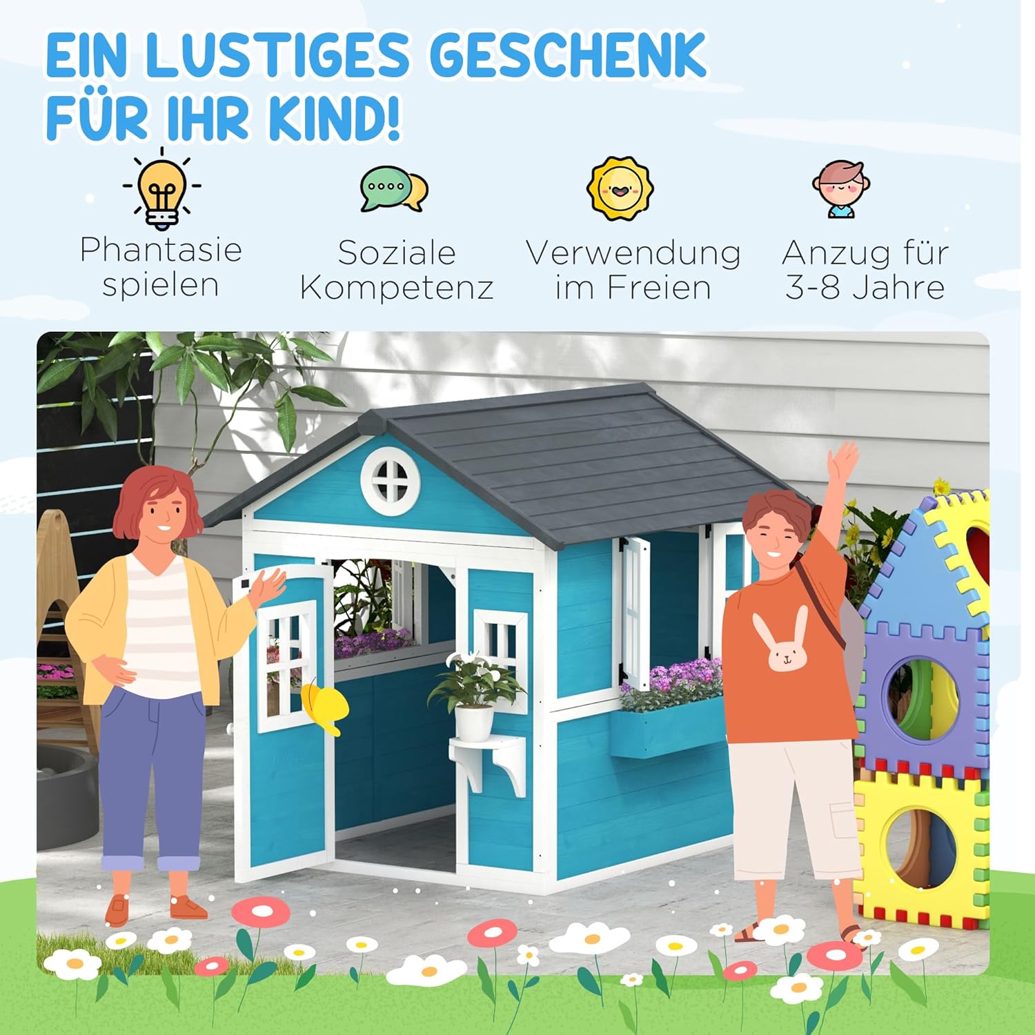 Outsunny Kinderspielhaus aus Holz Spielhaus Outdoor mit Fenster, Blumenregal, Pflanzenkasten und Tür Gartenhaus für Kinder 3-8 Jahre Blau — Ansicht 5