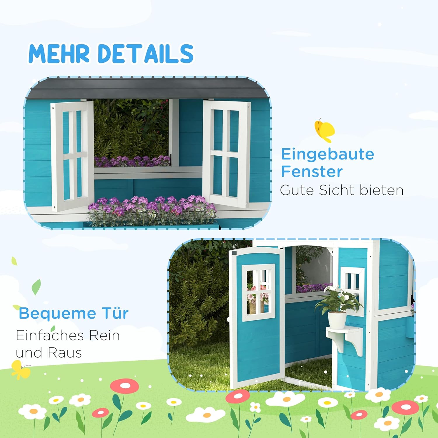 Outsunny Kinderspielhaus aus Holz Spielhaus Outdoor mit Fenster, Blumenregal, Pflanzenkasten und Tür Gartenhaus für Kinder 3-8 Jahre Blau — Ansicht 6
