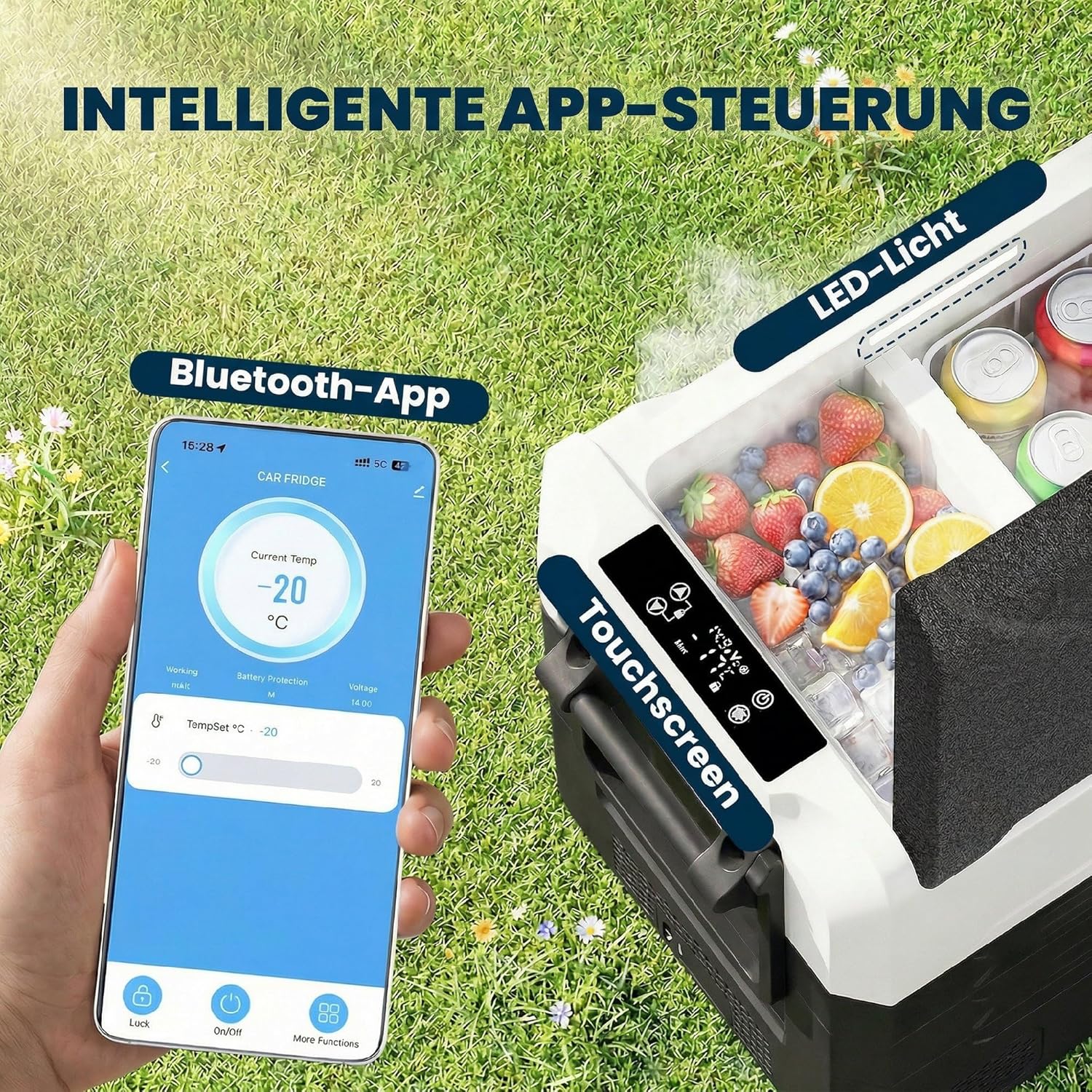 Outsunny Kompressor Kühlbox 50L -20°C bis 20°C Elektrische Kühlbox mit Dual-Zone Temperaturregelung APP LED Batterieschutz Klappgriff, 12/24V DC&110-230V AC Tragbar Auto Kühlschrank Camping Gefrierbox — Ansicht 5