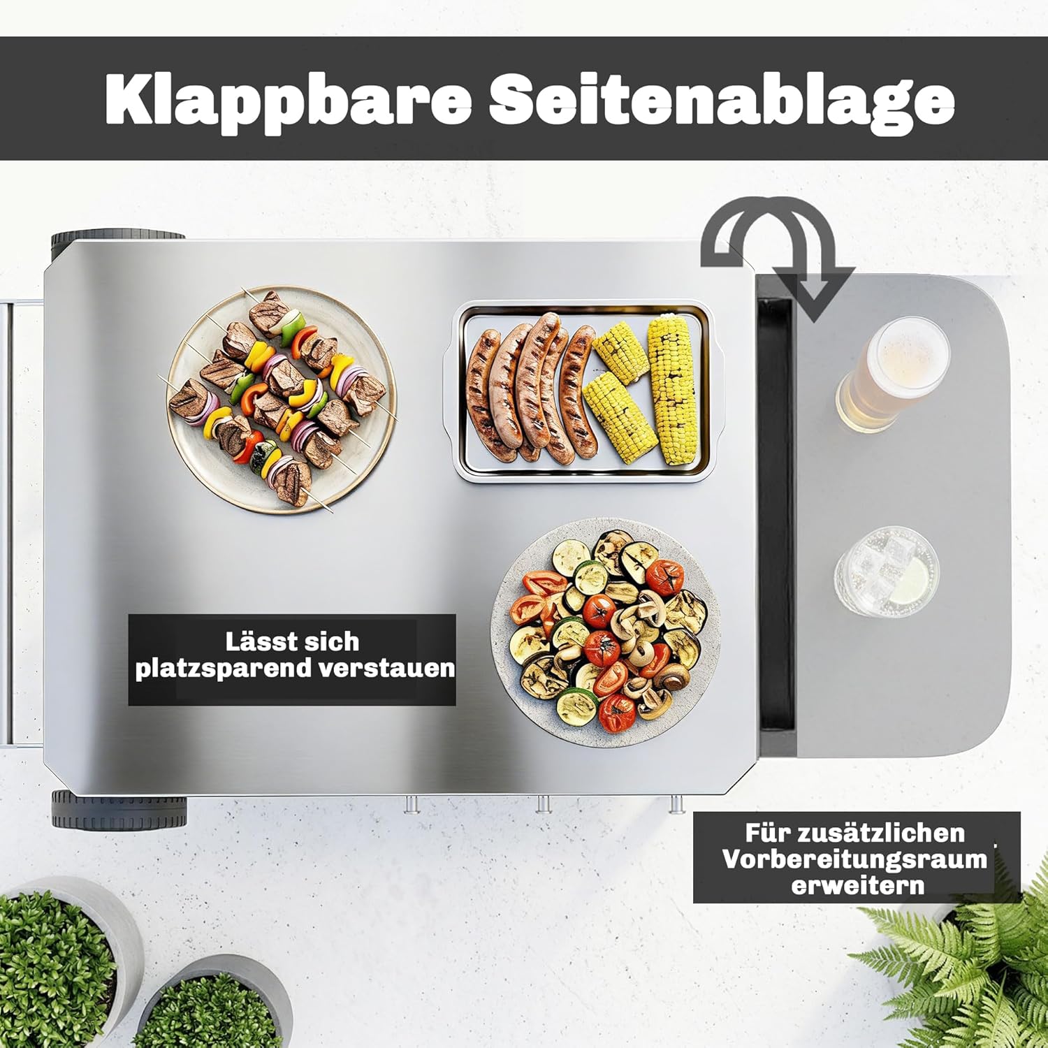 Outsunny Küchenwagen mit Rollen, Servierwagen, Rollwagen mit Haken, Papierrollenhalter, Müllsackständer, Küchenhilfe, BBQ Grilltisch aus Edelstahl Küchentrolley, 115 x 67,5 x 80,5 cm Schwarz — Ansicht 3