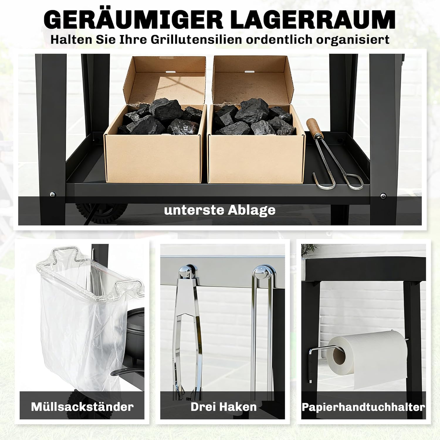 Outsunny Küchenwagen mit Rollen, Servierwagen, Rollwagen mit Haken, Papierrollenhalter, Müllsackständer, Küchenhilfe, BBQ Grilltisch aus Edelstahl Küchentrolley, 115 x 67,5 x 80,5 cm Schwarz — Ansicht 5