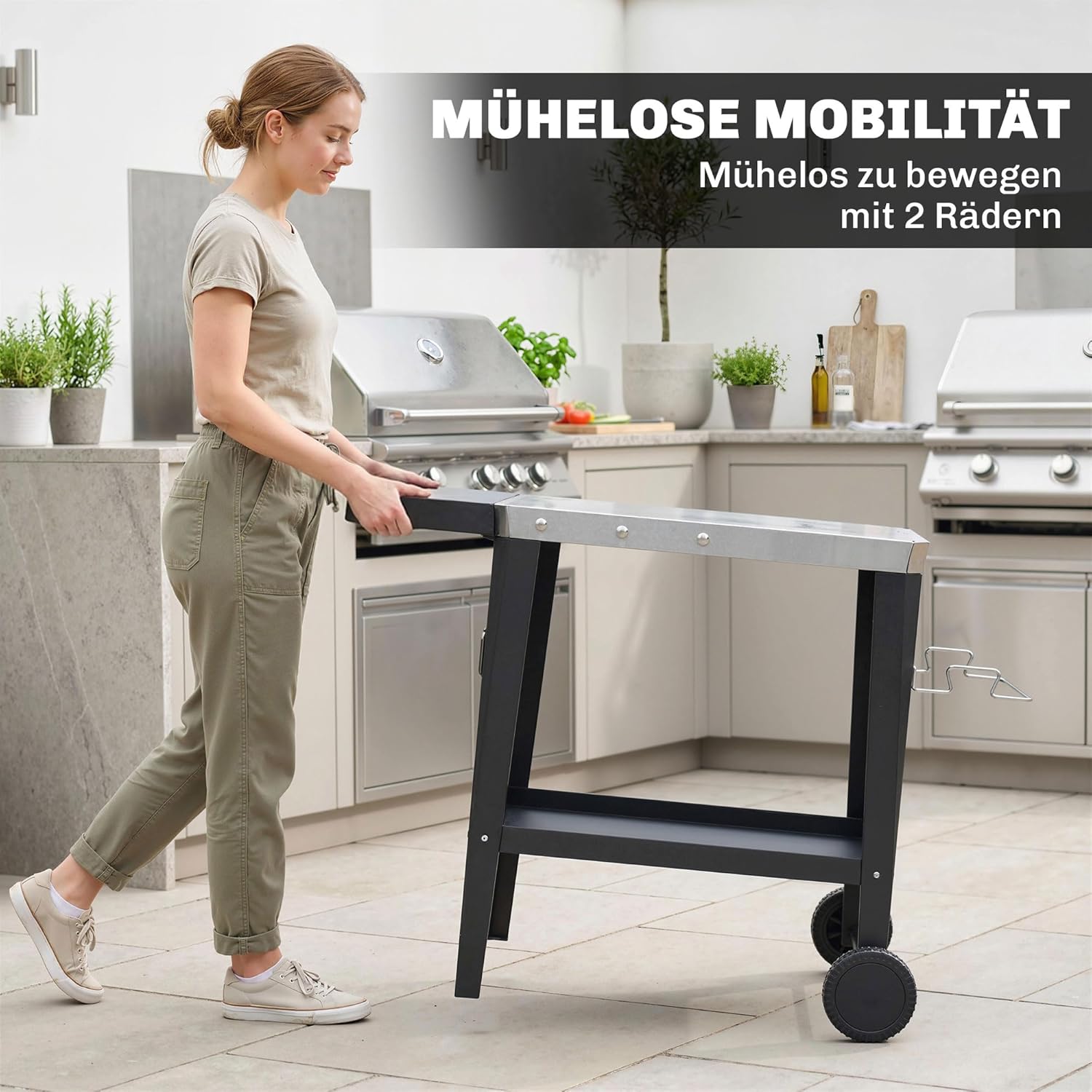 Outsunny Küchenwagen mit Rollen, Servierwagen, Rollwagen mit Haken, Papierrollenhalter, Müllsackständer, Küchenhilfe, BBQ Grilltisch aus Edelstahl Küchentrolley, 115 x 67,5 x 80,5 cm Schwarz — Ansicht 6