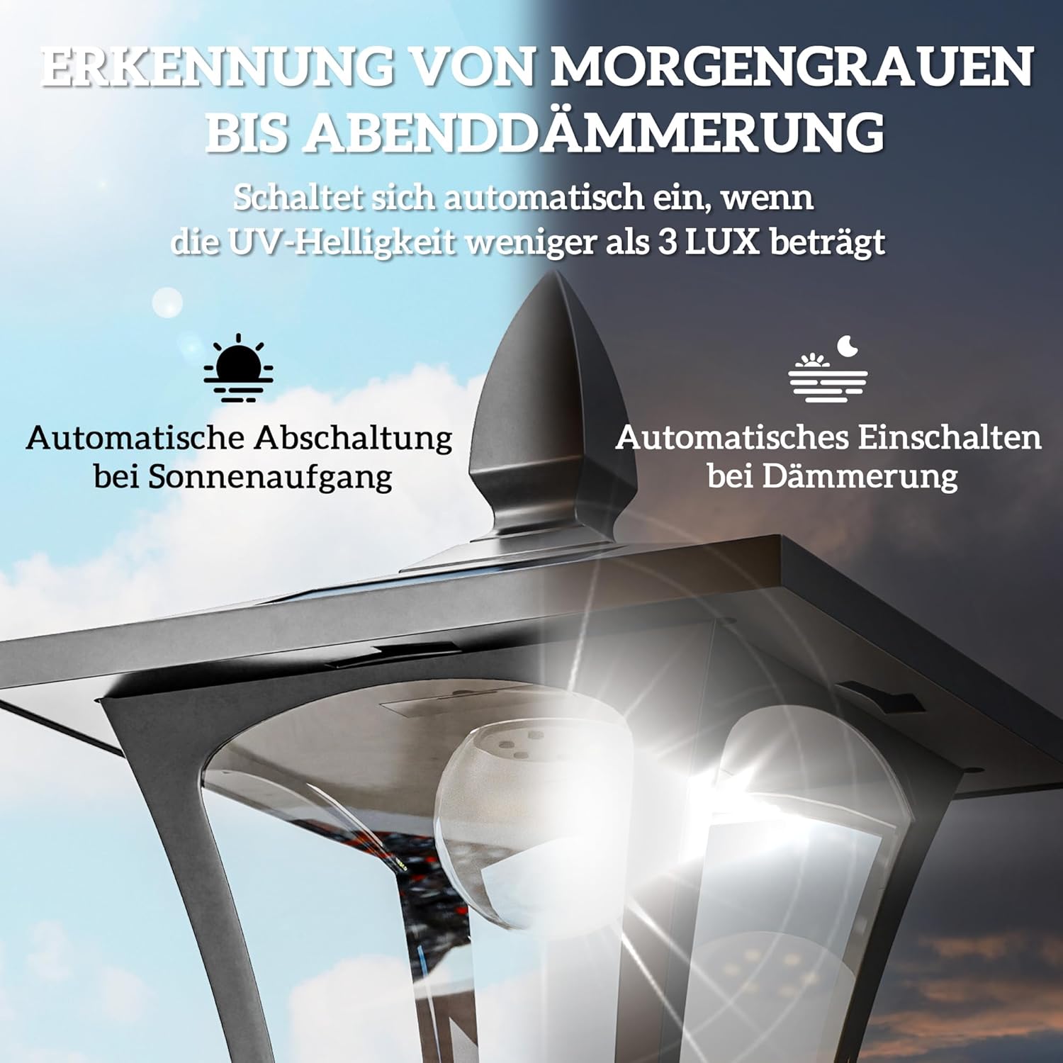 Outsunny LED Solar Gartenlaterne, Gartenlampe aus Edelstahl 160 cm hoch Stehleuchte IP44, Gartenlampe mit 40 Lumen Lichtsensor Solarlampe mit Erdspieß, Windlicht für Garten Balkon Schwarz — Ansicht 4