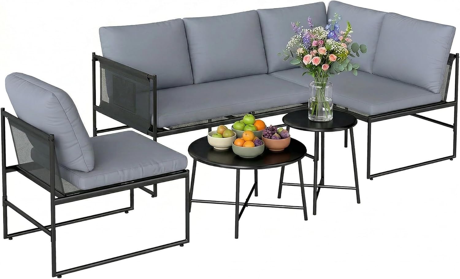 Outsunny Lounge Gartenmöbel Set 4-5 Personen Gartenlounge Set mit 2 Sitzer Gartensofa 2 Couchtisch Stuhl dick waschbar Kissen Netzsitze Seitentasche, Balkonmöbel Ecksofa Outdoor Sitzgruppe Dunkelgrau