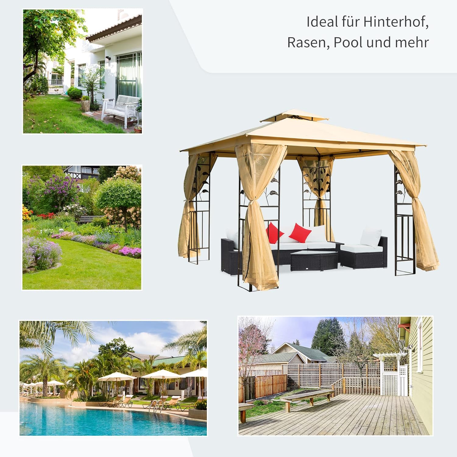 Outsunny Luxus Pavillon 3x3 m Gartenpavillon mit Doppeldach Partyzelt mit Seitenteilen Festzelt Gartenzelt Pagode Beige — Ansicht 6