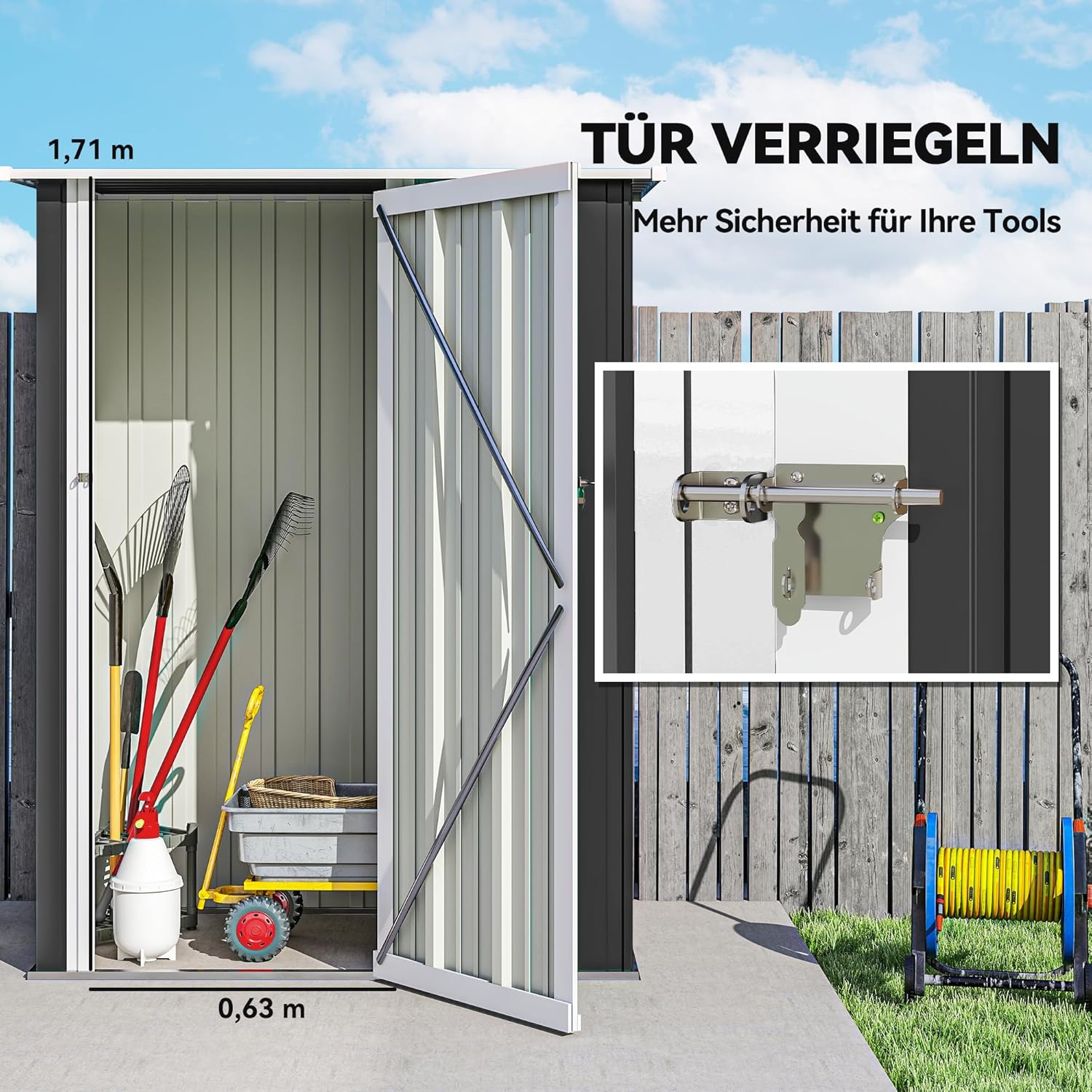 Outsunny Metall Gerätehaus 1,07 m2 142 x 86 x 189 cm Geräteschuppen mit Pultdach Abschließbarer Tür, wetterfest Gartenhaus Outdoor Garten Schuppen für Hinterhof Außenbereich Dunkelgrau — Ansicht 4