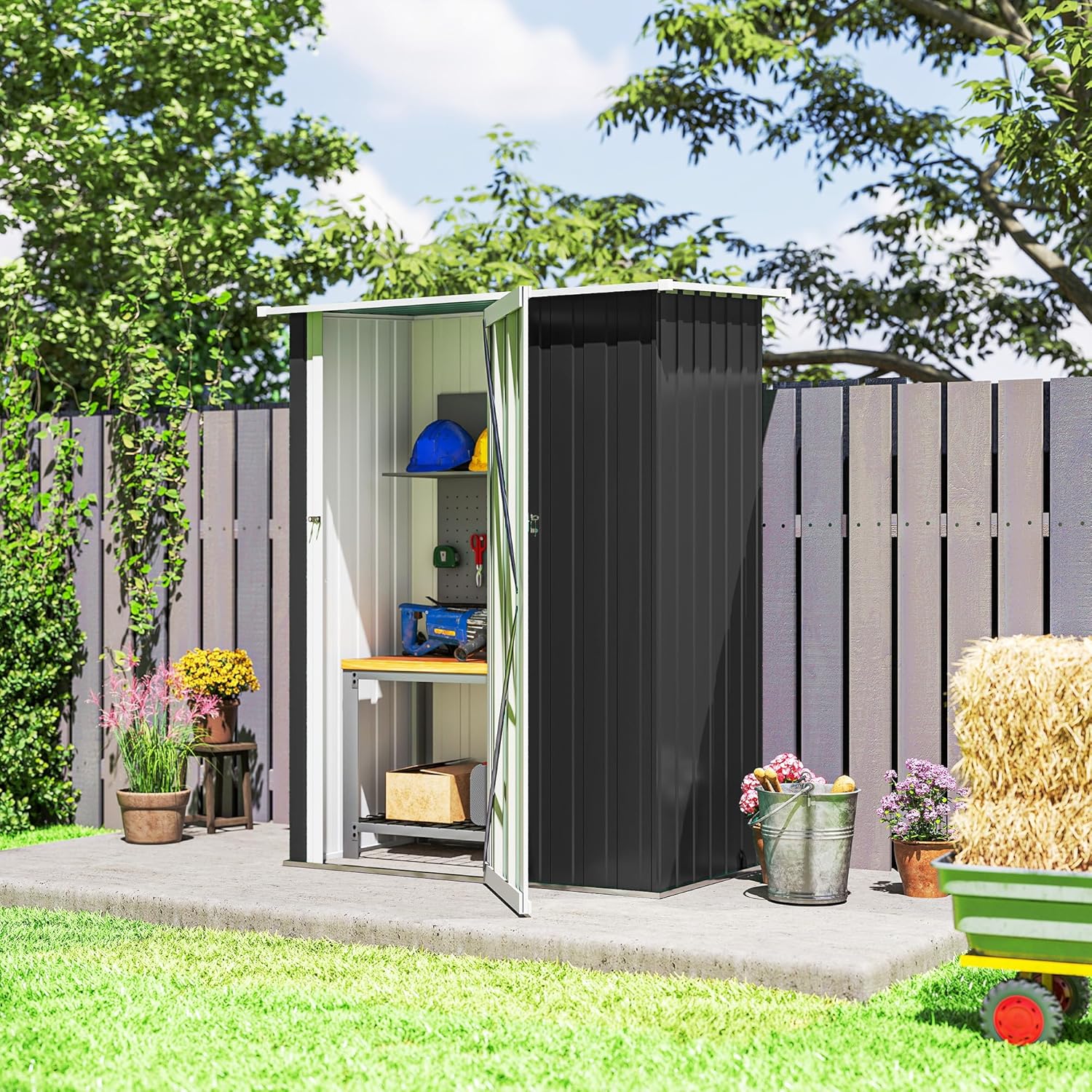 Outsunny Metall Gerätehaus 1,07 m2 142 x 86 x 189 cm Geräteschuppen mit Pultdach Abschließbarer Tür, wetterfest Gartenhaus Outdoor Garten Schuppen für Hinterhof Außenbereich Dunkelgrau — Ansicht 6