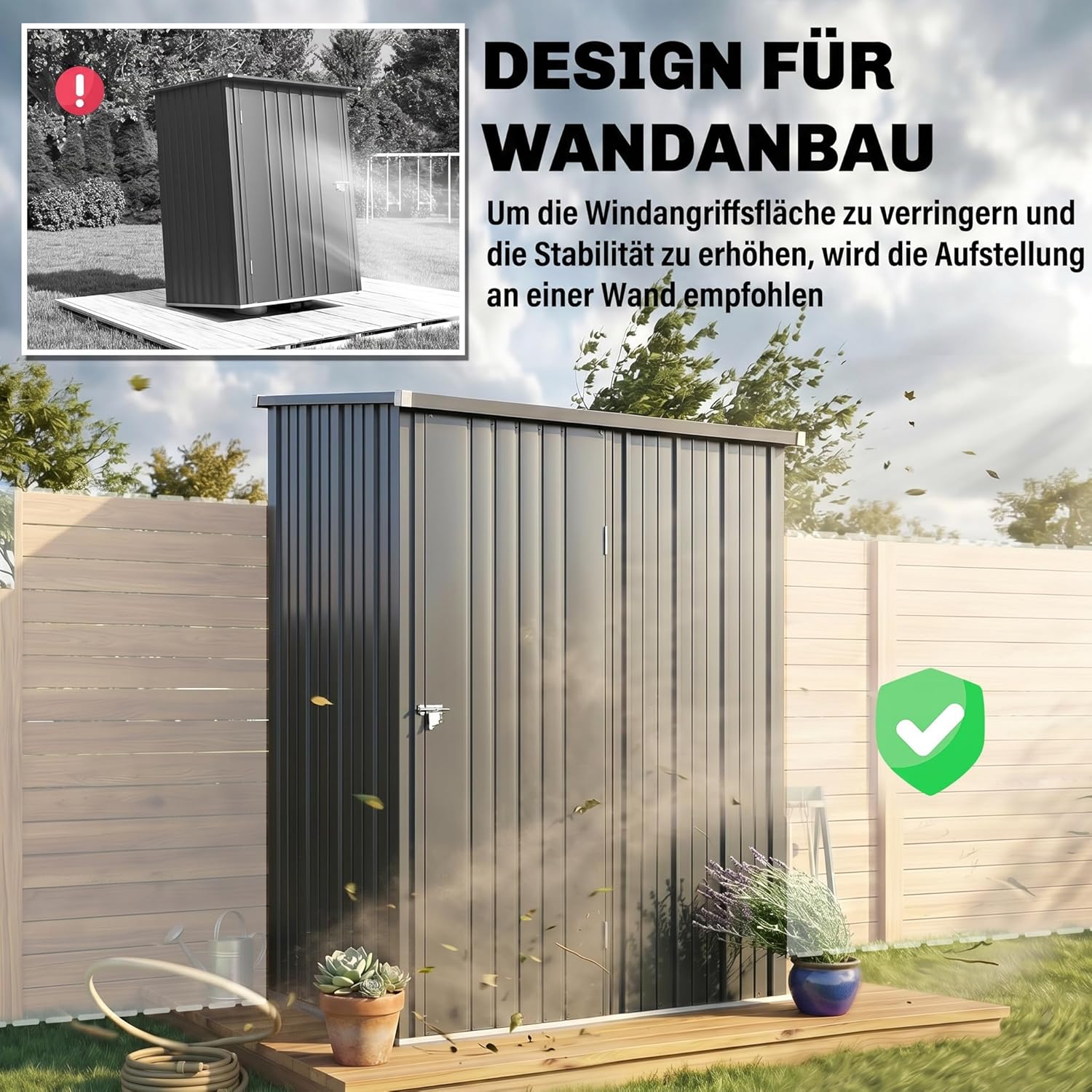 Outsunny Metall Gerätehaus 1,34m2 161,5 x 94,5 x 196cm Geräteschuppen mit Pultdach Abschließbarer Tür, wetterfest Garten Schuppen Outdoor Gartenhaus für Hinterhof Außenbereich Schwarz — Ansicht 5