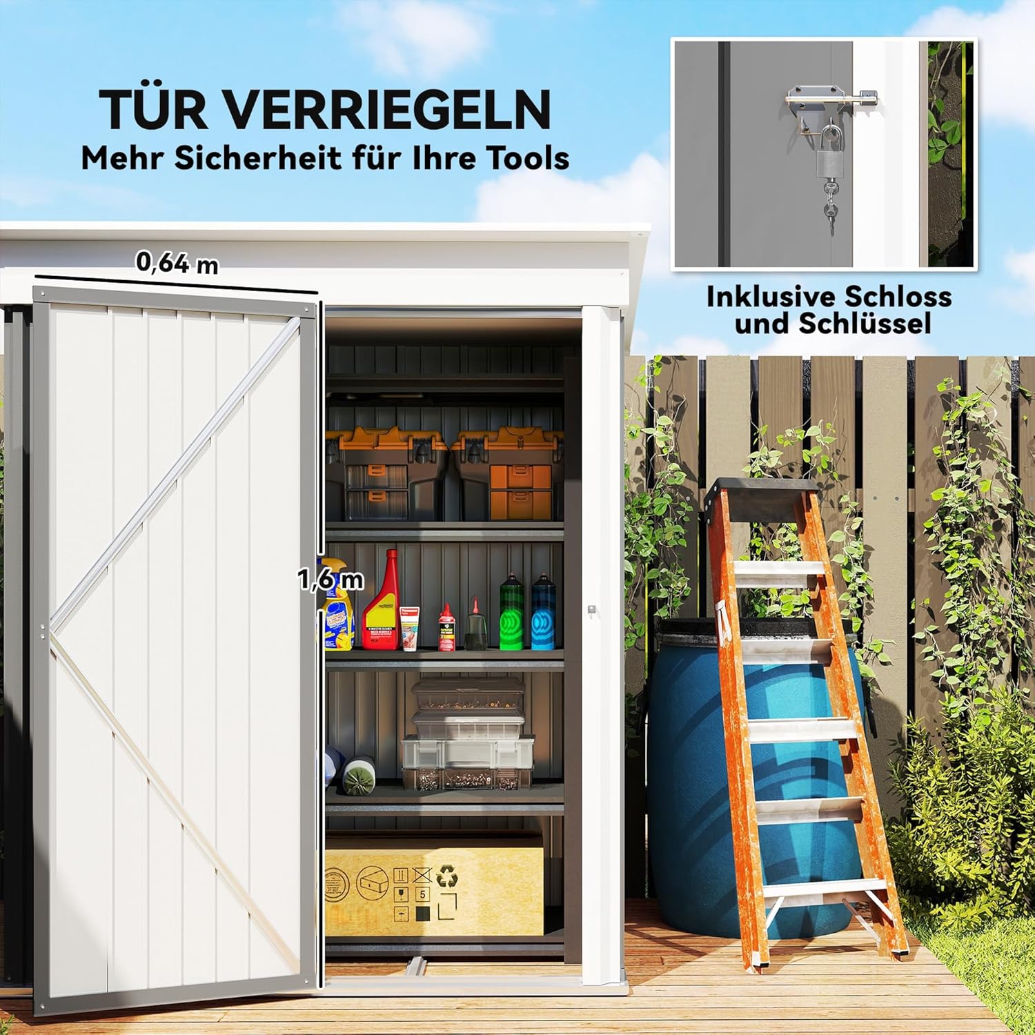 Outsunny Metall Gerätehaus 1,36m2 161 x 95 x 181cm Geräteschuppen mit Pultdach Fundament verstellbare Regale Abschließbarer Tür wetterfest Gartenhaus Outdoor Garten Schuppen für Außenbereich — Ansicht 6