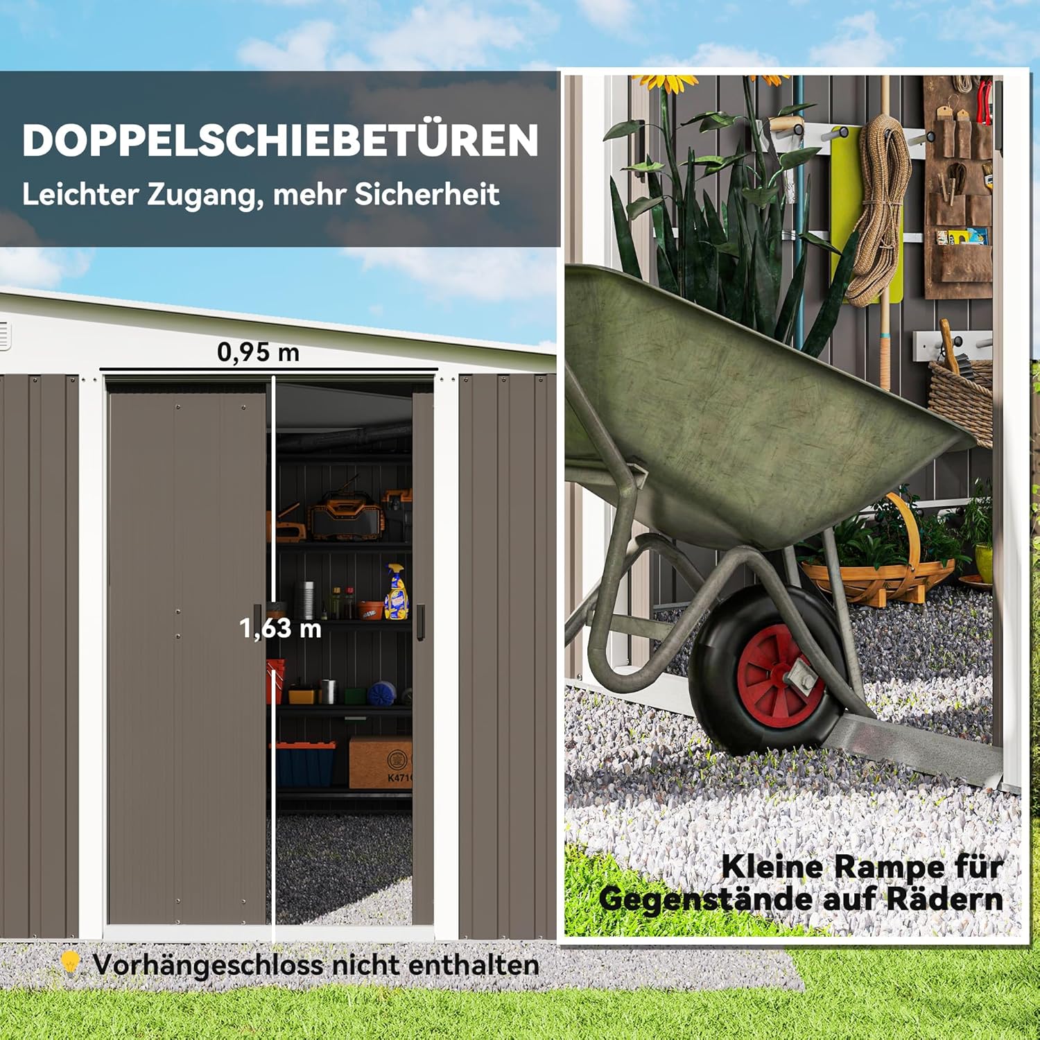 Outsunny Metall Gerätehaus 19,4m3 280x345x201cm Geräteschuppen mit Pultdach Schiebetür wetterfest Gartenhaus Outdoor Schrank Schuppen für Hinterhof Außenbereich Garten Anthrazit, Grau — Ansicht 5