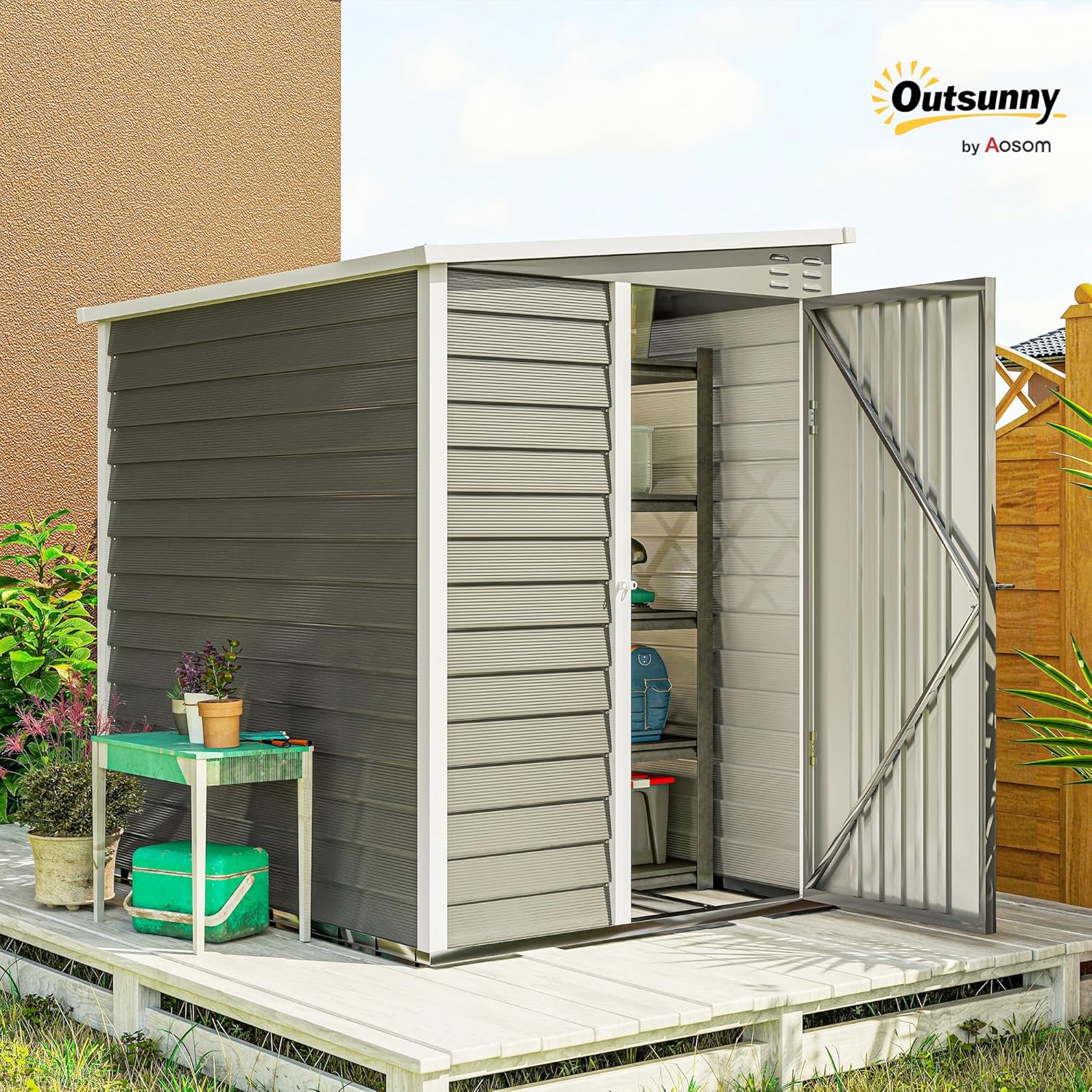 Outsunny Metall Gerätehaus 2,3m2 142x184x181cm wetterfestes Gartenhaus mit Fenster, Schloss, Handschuhe, Fundament und Pultdach Geräteschuppen für Garten Hinterhof Hellgrau — Ansicht 2