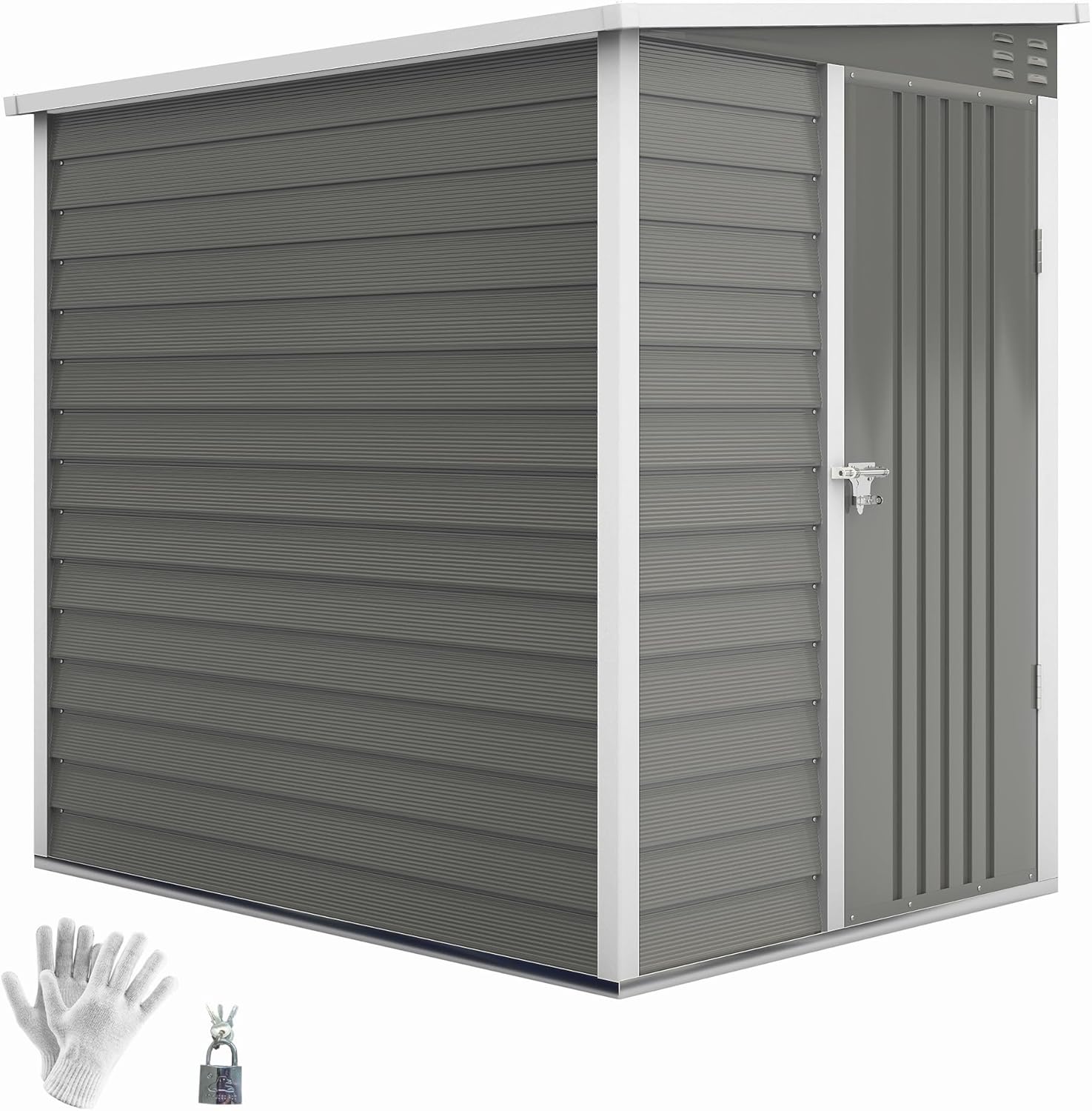 Outsunny Metall Gerätehaus 2,3m2 142x184x181cm wetterfestes Gartenhaus mit Fenster, Schloss, Handschuhe, Fundament und Pultdach Geräteschuppen für Garten Hinterhof Hellgrau