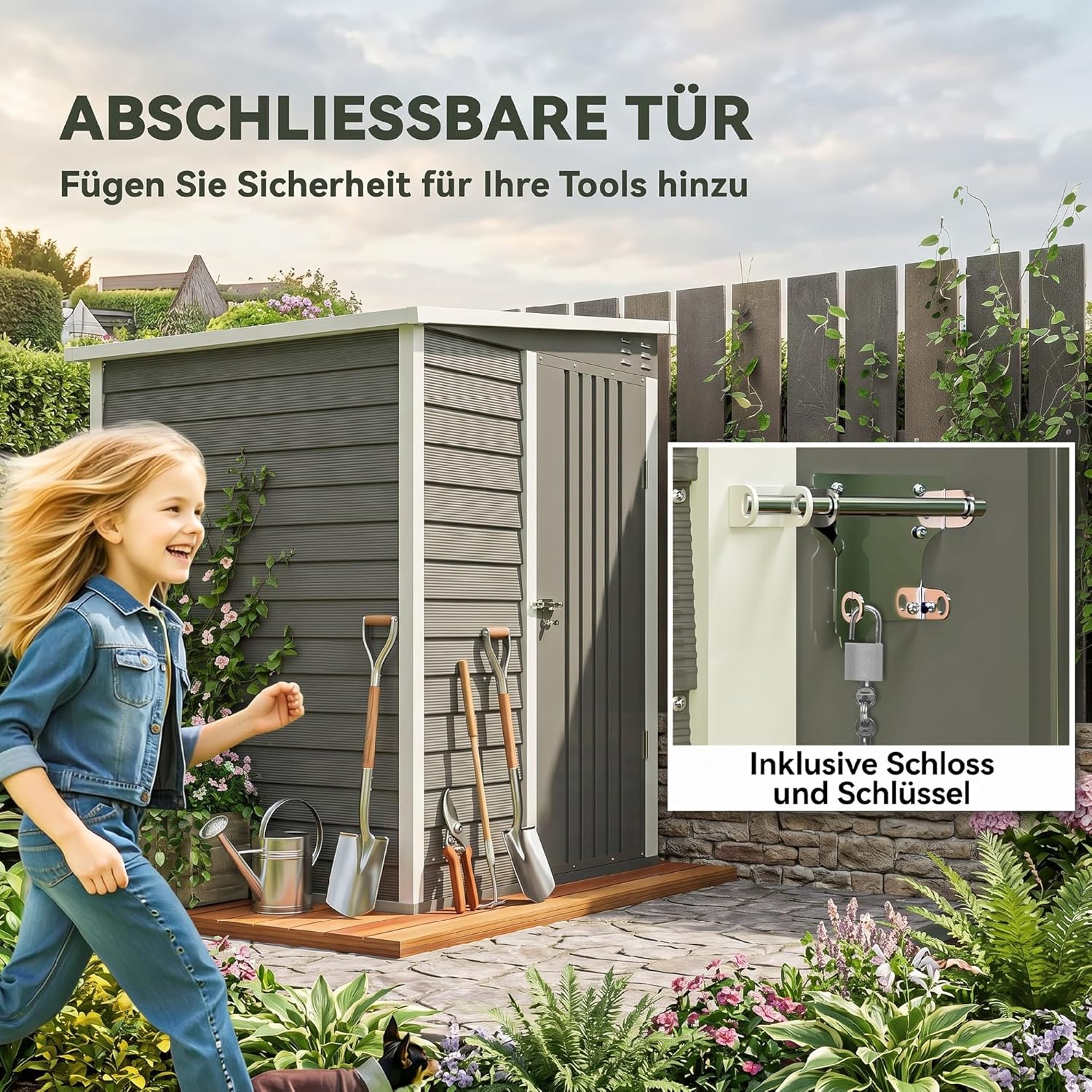 Outsunny Metall Gerätehaus 2,3m2 142x184x181cm wetterfestes Gartenhaus mit Fenster, Schloss, Handschuhe, Fundament und Pultdach Geräteschuppen für Garten Hinterhof Hellgrau — Ansicht 5