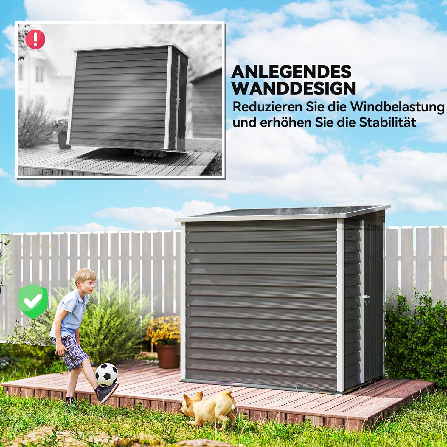 Outsunny Metall Gerätehaus 2,3m2 142x184x181cm wetterfestes Gartenhaus mit Fenster, Schloss, Handschuhe, Fundament und Pultdach Geräteschuppen für Garten Hinterhof Hellgrau — Ansicht 6